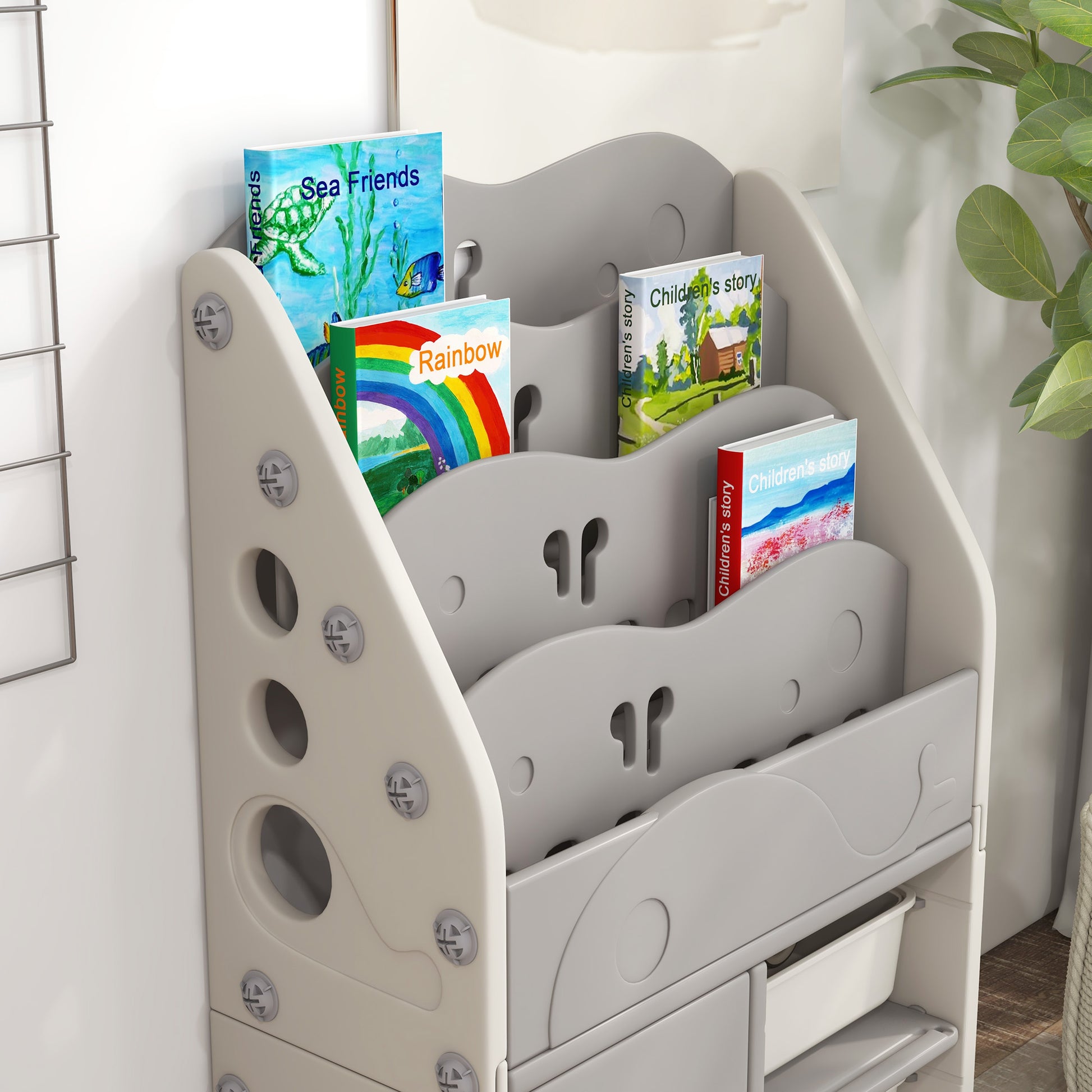 AIYAPLAY Kids Storage Units with 2 Storage Boxes, 4 Tier Bookshelf, Cabinet, 67 x 29 x 98cm Light Grey-6