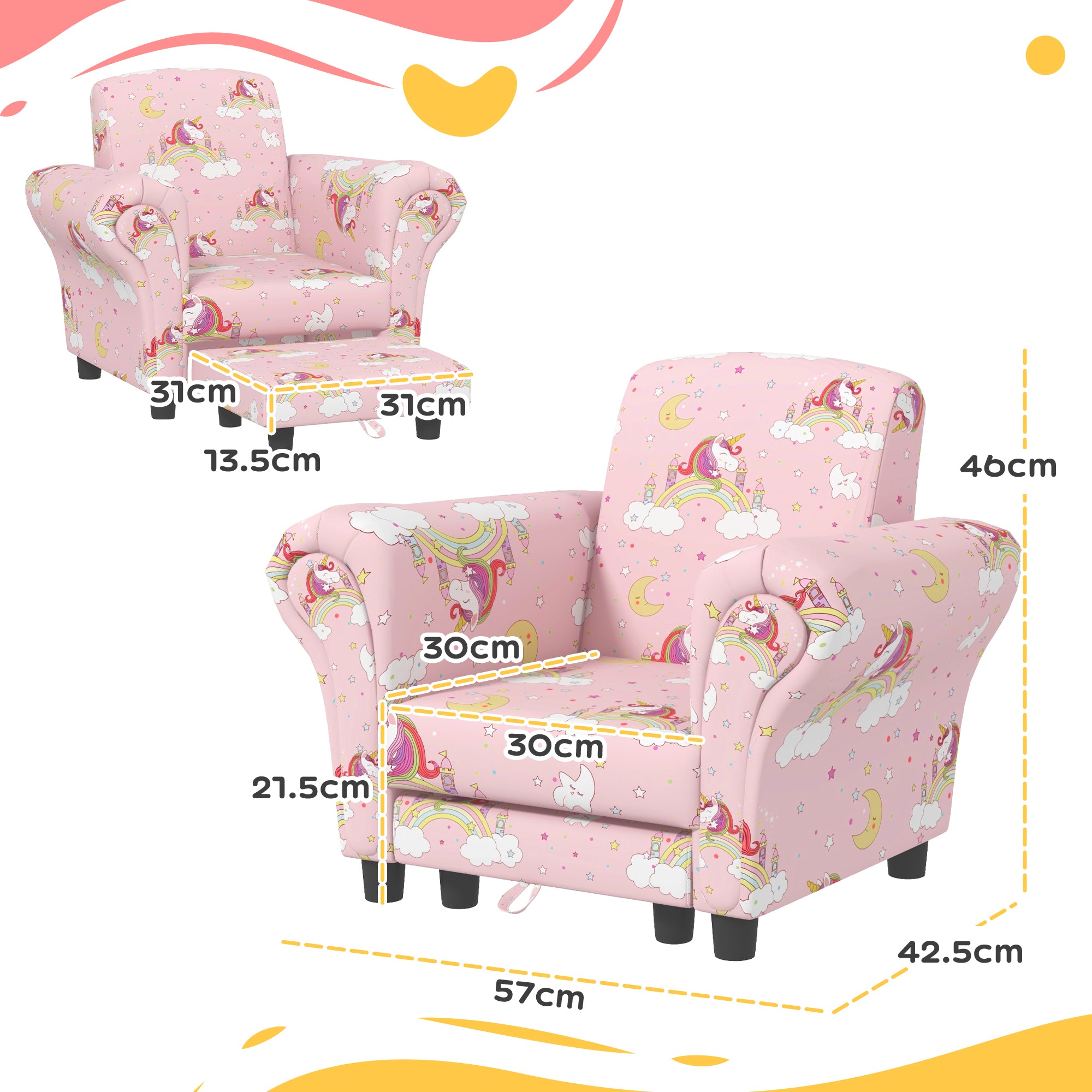 AIYAPLAY 2 Piece Kids Sofa Set with Unicorn Design, Wooden Frame, for 1.5-3 Years Old in Pink-1