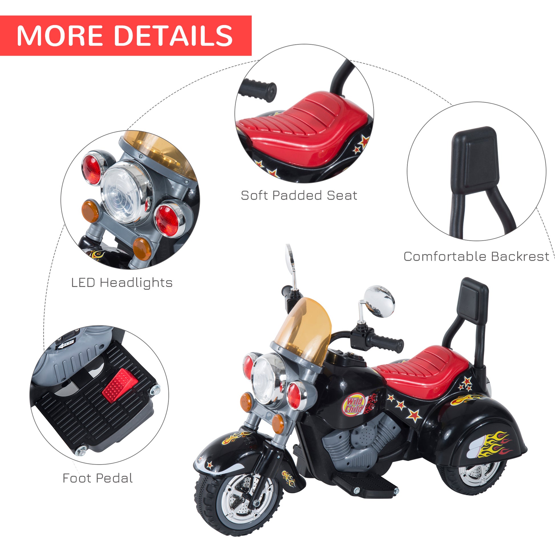 HOMCOM Electric Motorbike for Kids 6V Battery Powered Ride On Motorcycle with Lights and Sounds for 3-6 Years, Black-5