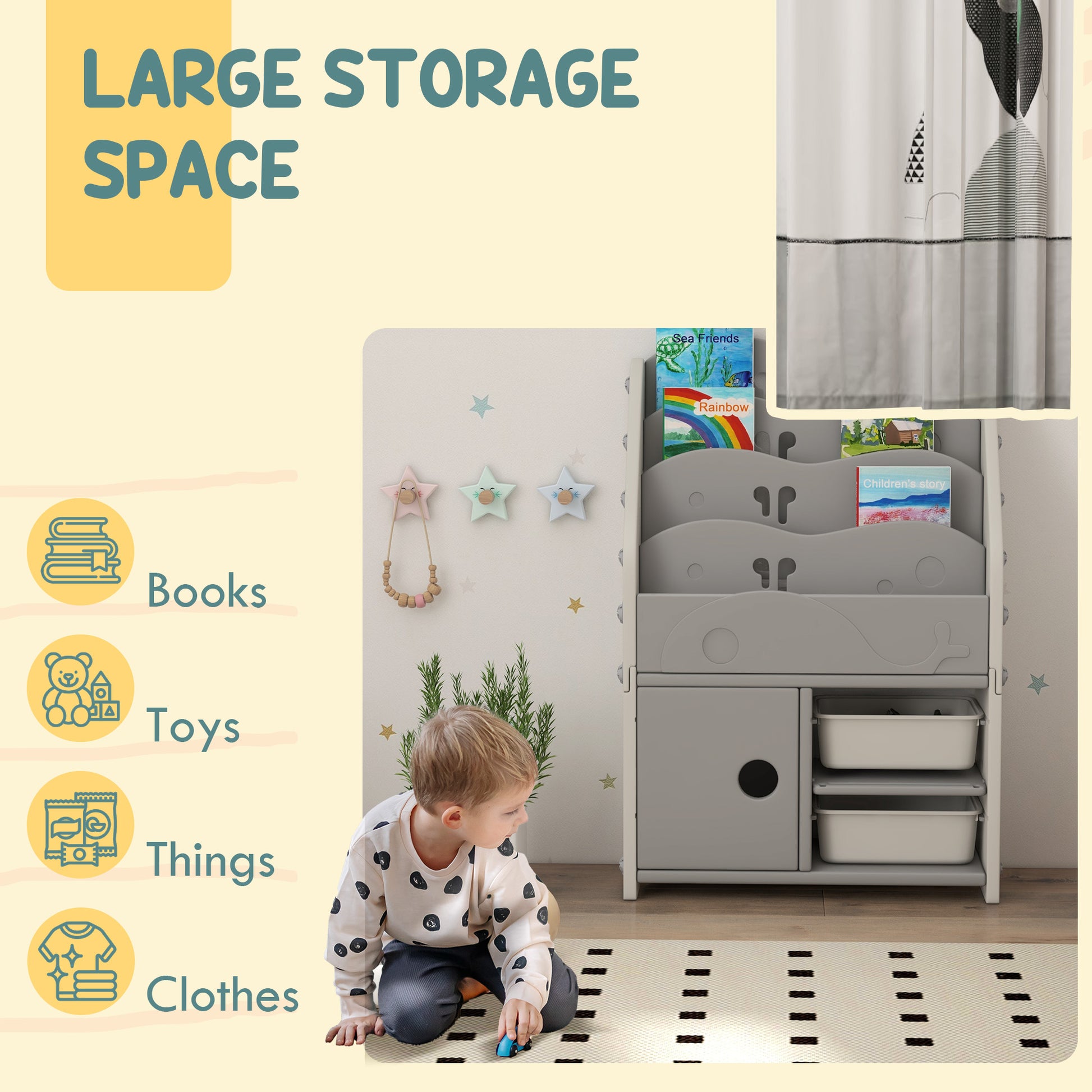 AIYAPLAY Kids Storage Units with 2 Storage Boxes, 4 Tier Bookshelf, Cabinet, 67 x 29 x 98cm Light Grey-2