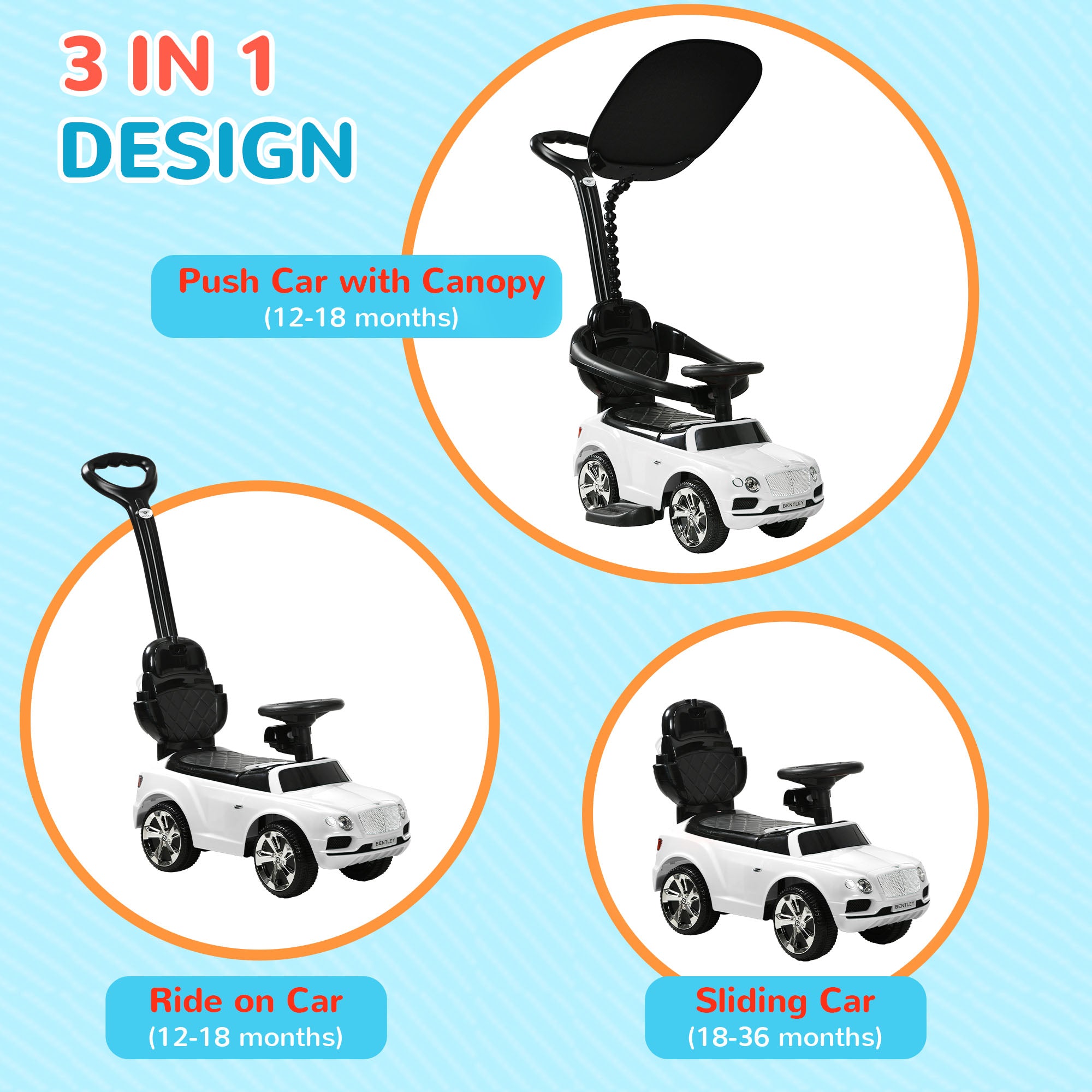 AIYAPLAY Bentley Bentayga Licensed 3-in-1 Baby Push Car,  Ride on Car Sliding Car with Canopy, Horn Music in White-2