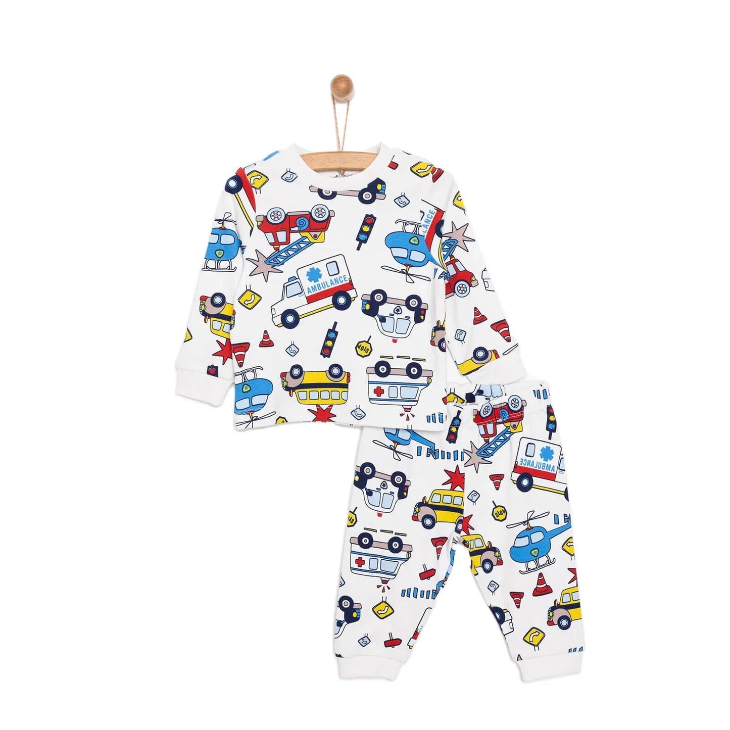 HelloBaby Baby Boy Cars Printed Pyjamas Set - Ecru - mezetto