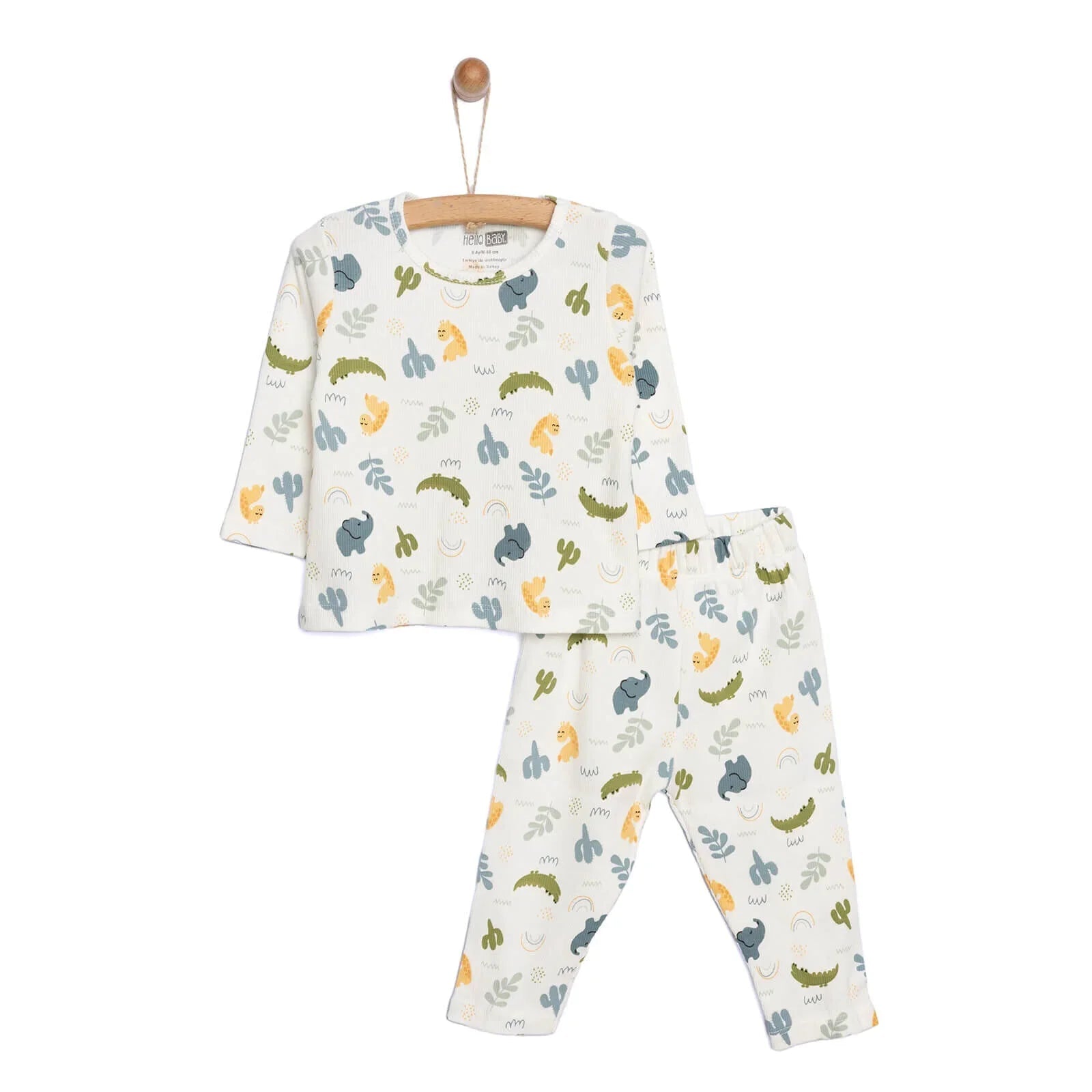 HelloBaby Baby Boy Elephant Printed Long Sleeve Pyjamas 2 pcs - Ecru - mezetto