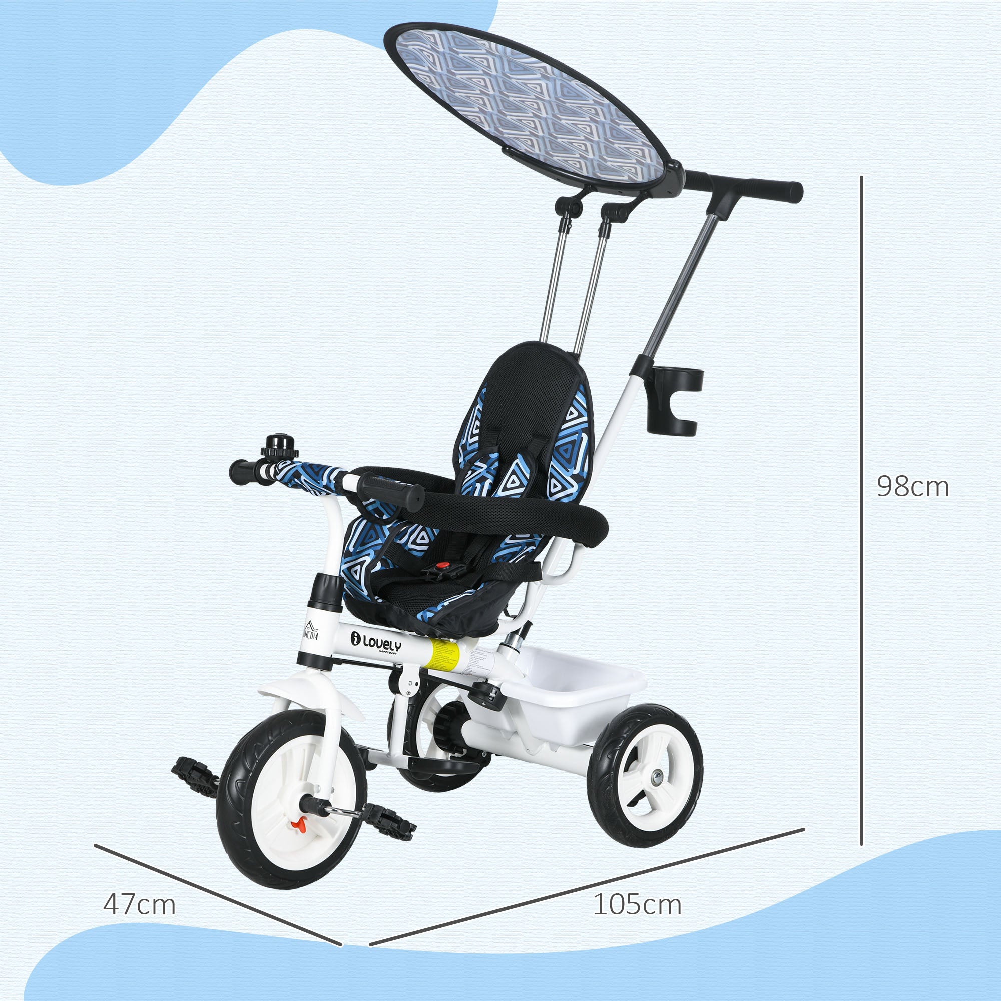 HOMCOM 6 in 1 Tricycle for Kids with 5-point harness straps, Removable Canopy, Dark Blue-1