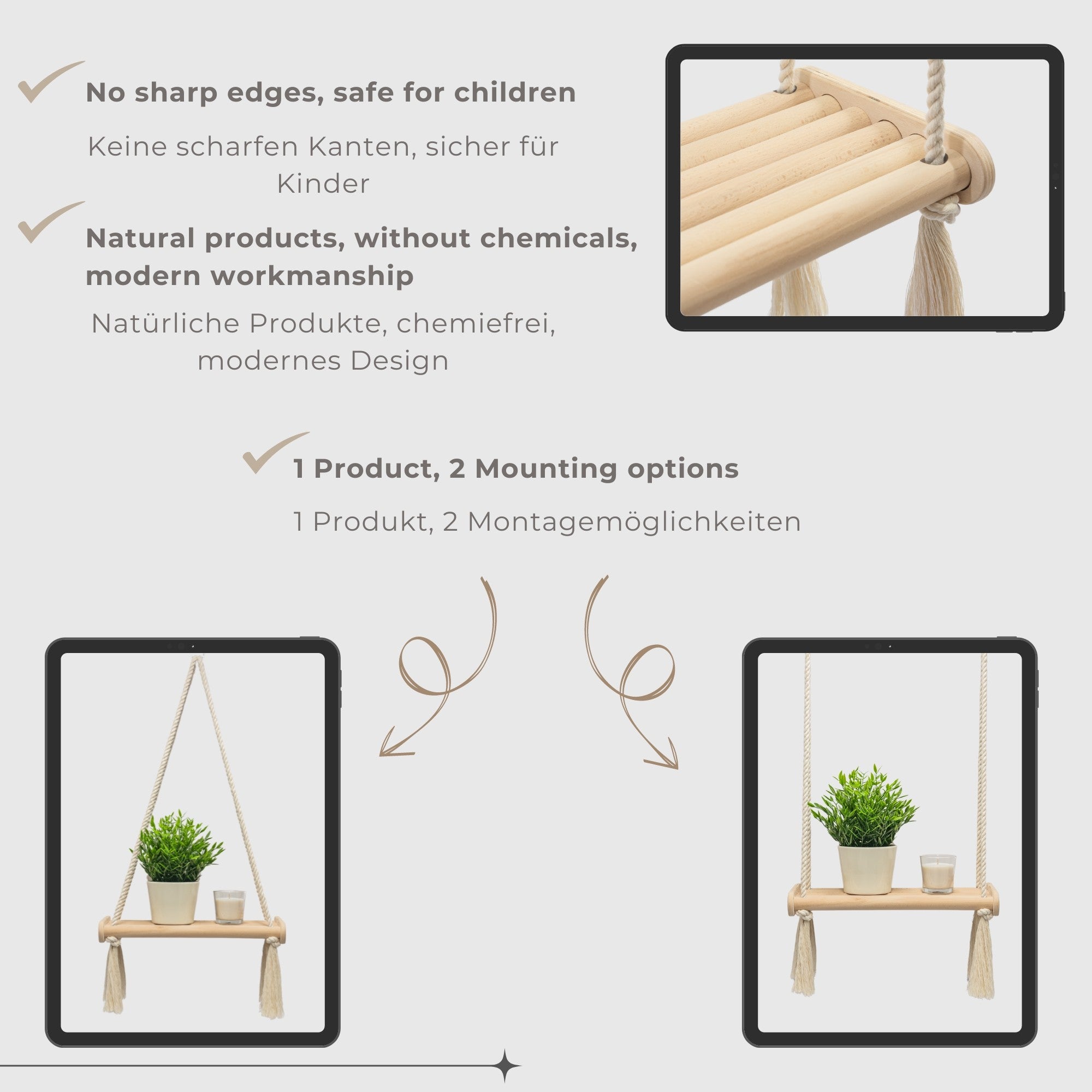 MAMOI® Wooden wall shelf Boho Hanging shelf Hand-woven macramé Floating shelf Wall decor Plant stand for kitchen Bedroom Living room-2