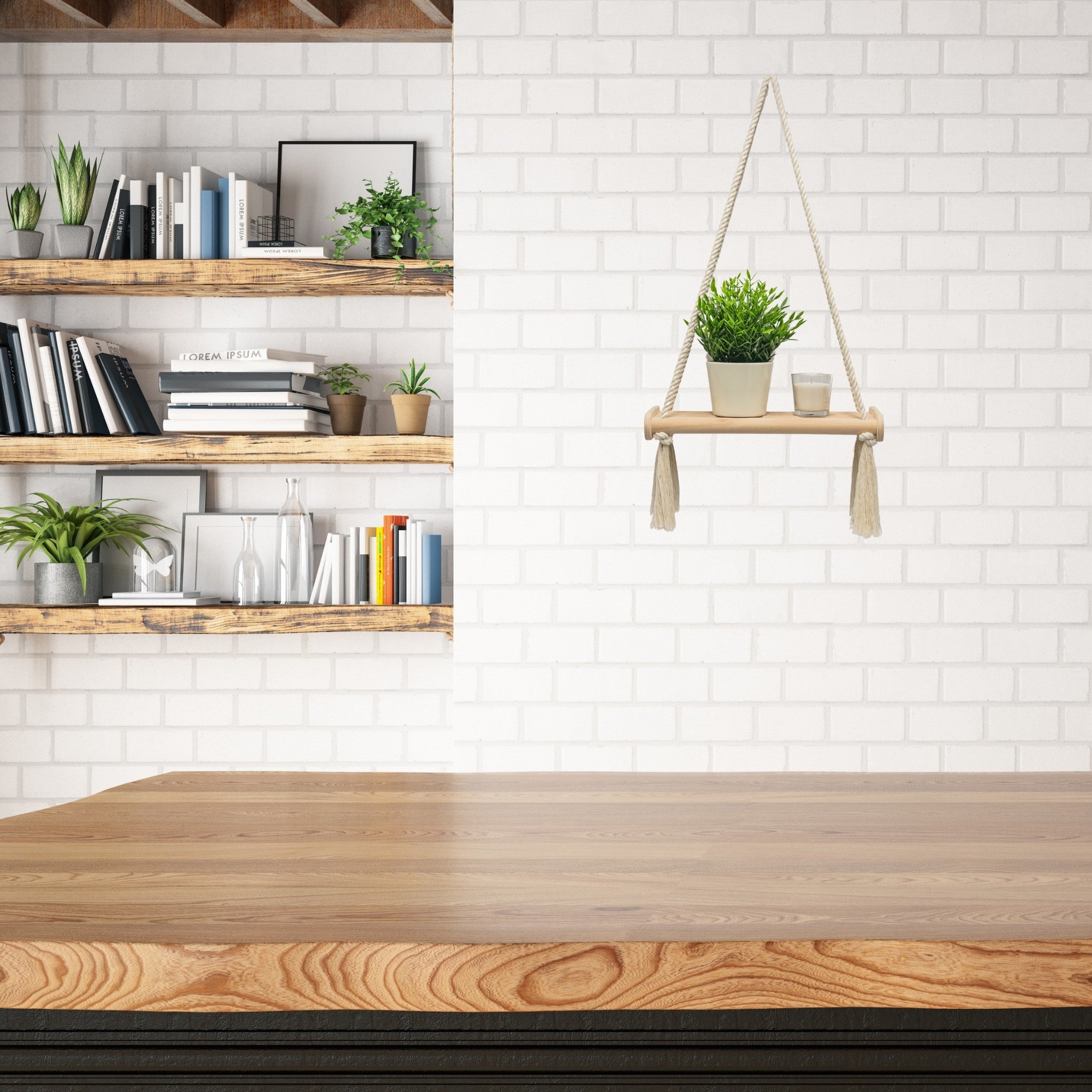 MAMOI® Wooden wall shelf Boho Hanging shelf Hand-woven macramé Floating shelf Wall decor Plant stand for kitchen Bedroom Living room-4