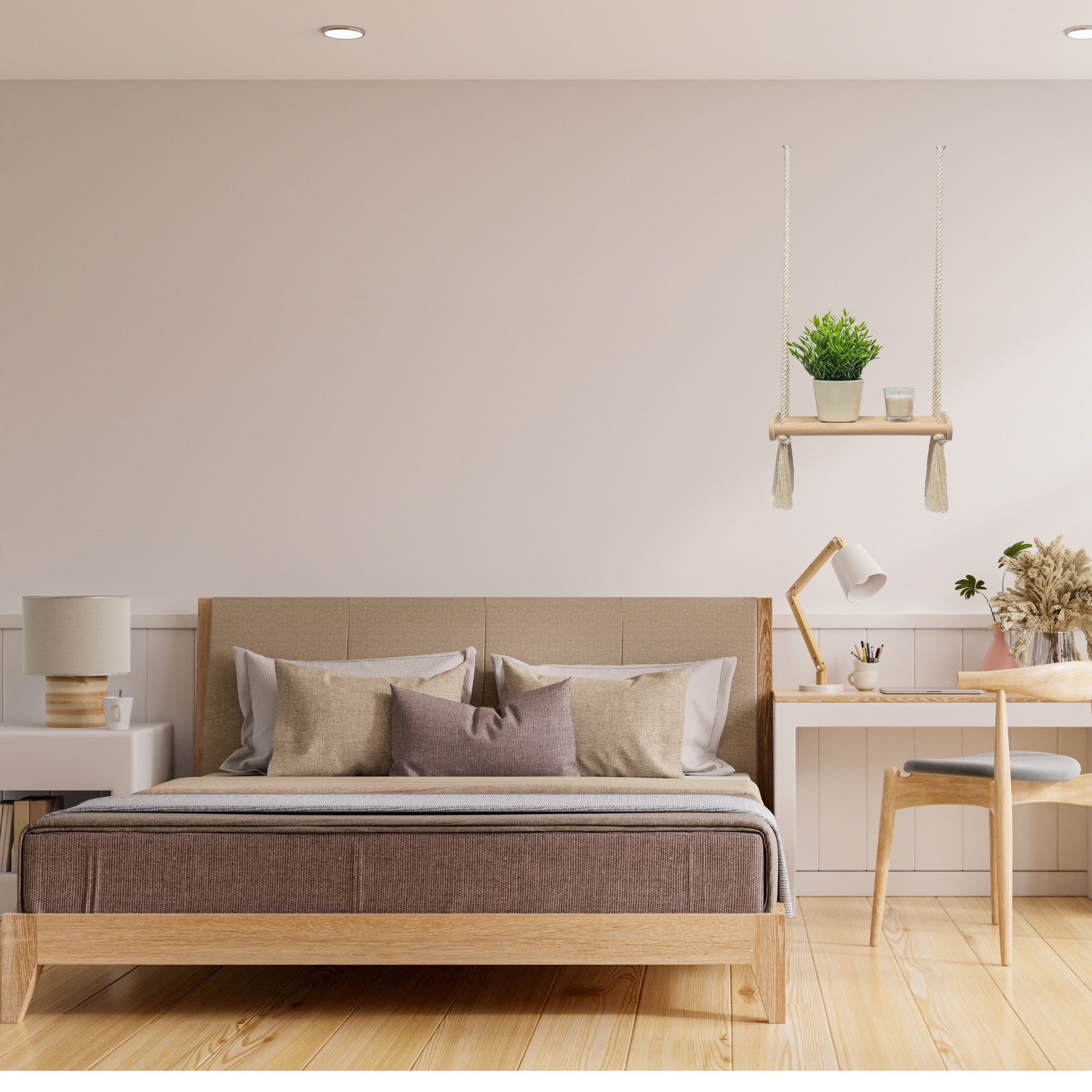 MAMOI® Wooden wall shelf Boho Hanging shelf Hand-woven macramé Floating shelf Wall decor Plant stand for kitchen Bedroom Living room-3