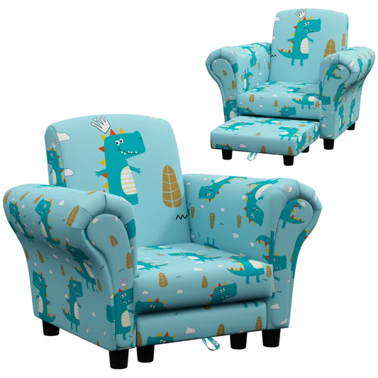 2 Piece Kids Sofa Set with Dinosaur Design, Wooden Frame, for 1.5-3 Years Old in Blue by AIYAPLAY-0