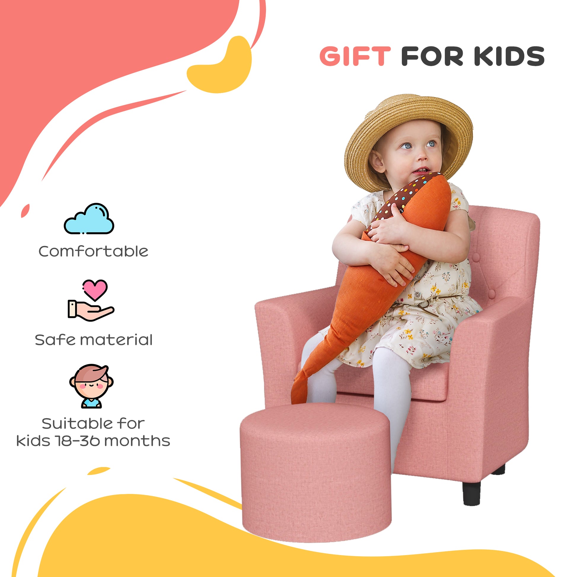 AIYAPLAY 2PCs Kids Sofa Set with Footrest, for Playroom, Bedroom in Pink-5
