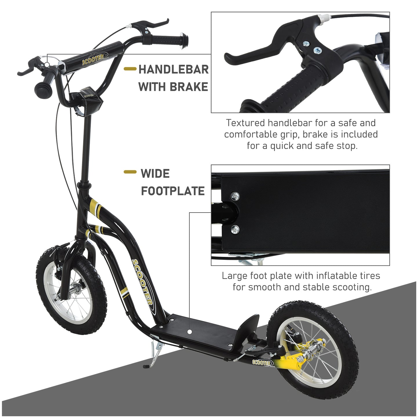 HOMCOM Teen Kids Stunt Scooter with Adjustable Handlebar, 12 Inch Rubber Tyres, Dual Brakes in Black-4