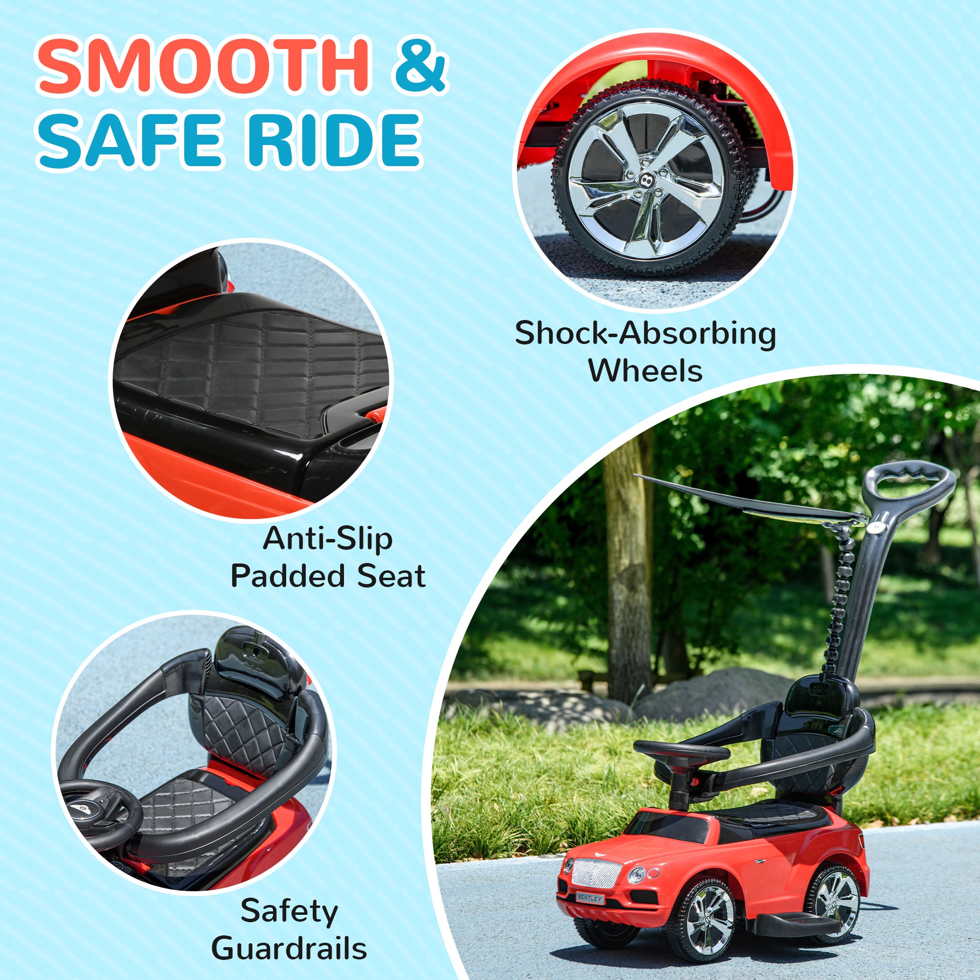 AIYAPLAY Bentley Bentayga Licensed 3-in-1 Baby Push Car, Ride on Car Sliding Car with Canopy, Horn Music in Red-6