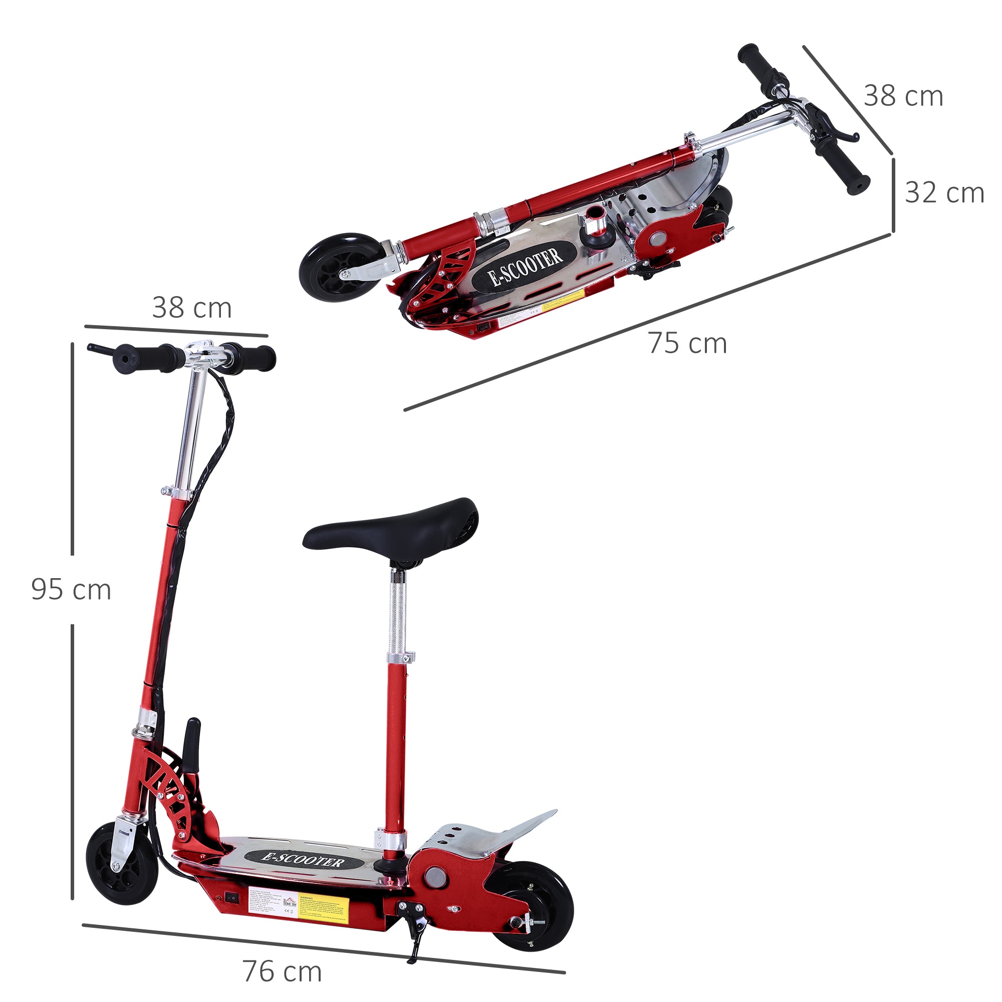 HOMCOM 120W Teens Foldable Kids Powered Scooters 24V Rechargeable Battery Adjustable Ride on Outdoor Toy in Red-1