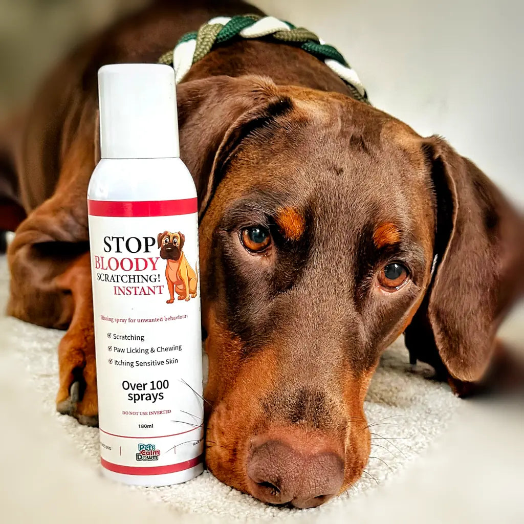 Dog training spray for scratching, rubbing, licking, biting, and chewing