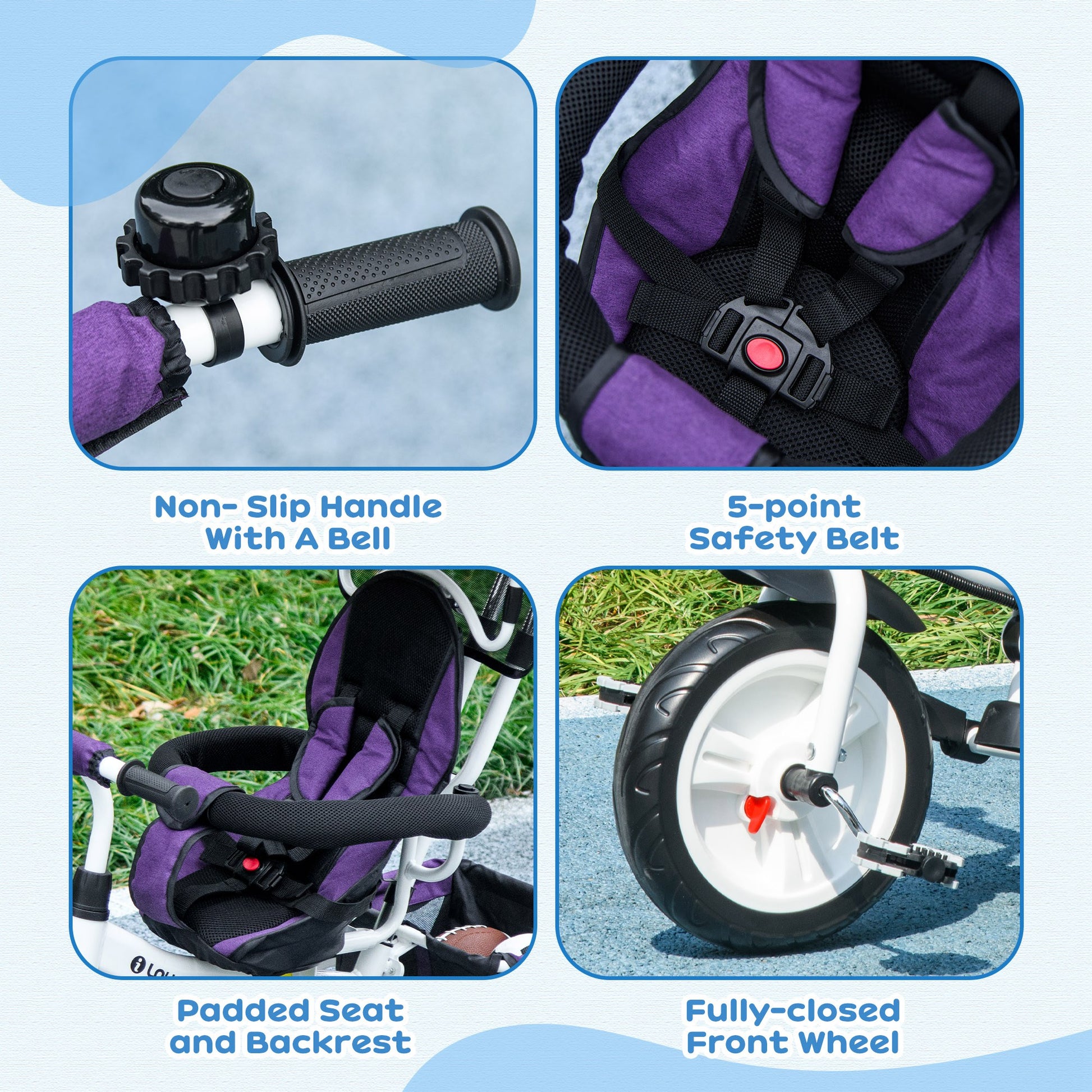 4 in 1 Kids Trike Push Bike w/ Push Handle, Canopy, 5-point Safety Belt, Storage, Footrest, Brake, for 1-5 Years in Purple | HOMCOM-5