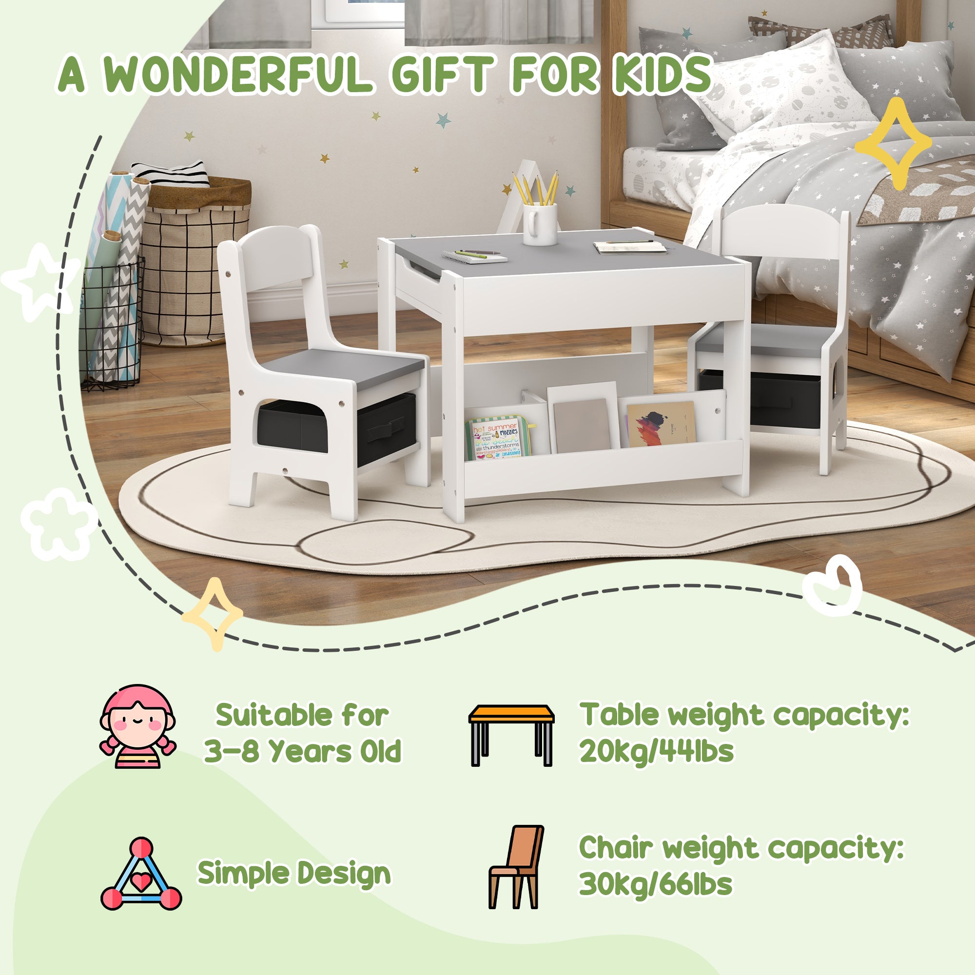 3PCs Kids Table and Chair Set with Blackboard, Storage, Bookshelves in Grey | HOMCOM-3