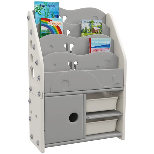 AIYAPLAY Kids Storage Units with 2 Storage Boxes, 4 Tier Bookshelf, Cabinet, 67 x 29 x 98cm Light Grey-0