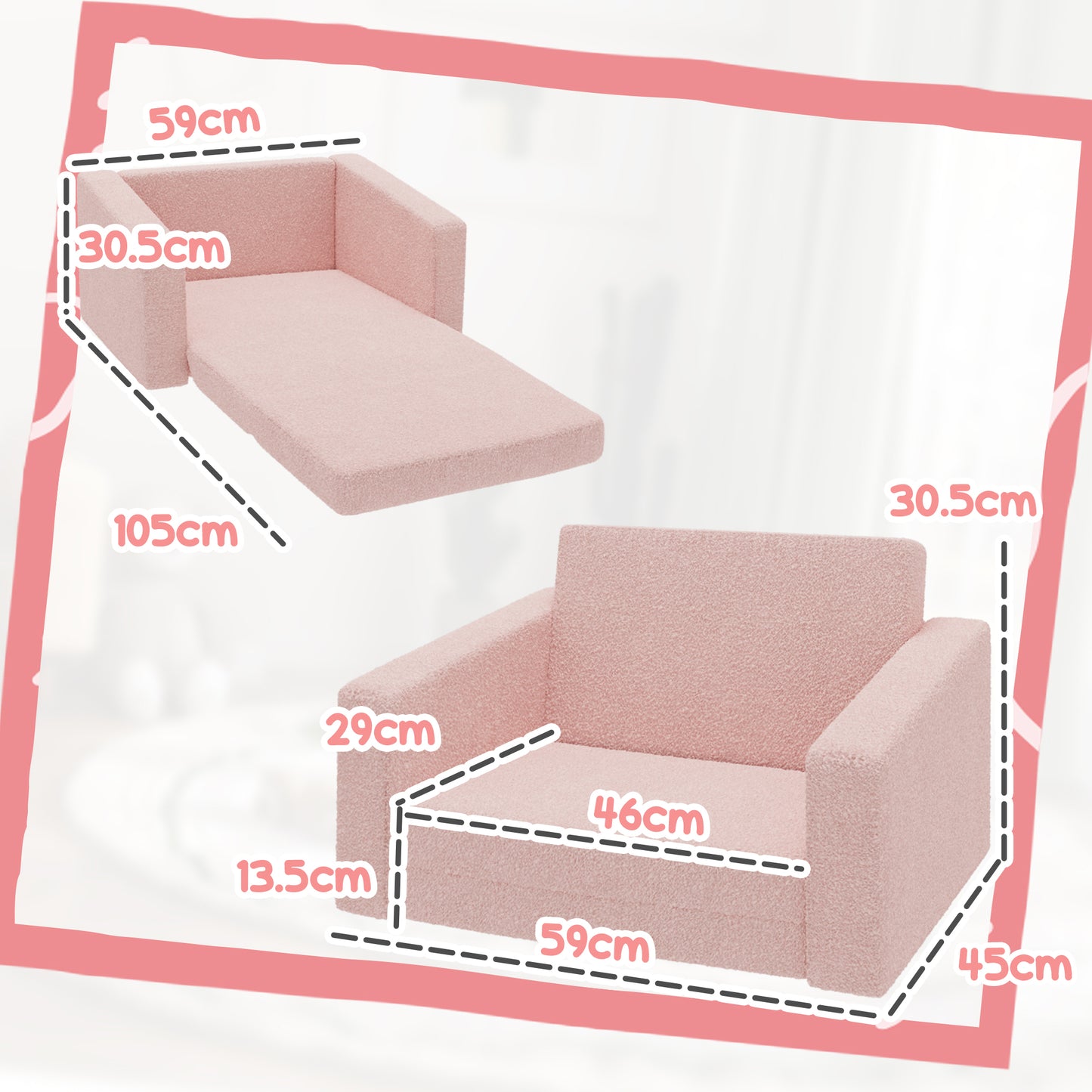 Childrens Sofa 2 in 1 Kids Convertible Sofa Kids Armchair, Foldable Recliner for Bedroom Playroom Living Room, Pink | AIYAPLAY-1