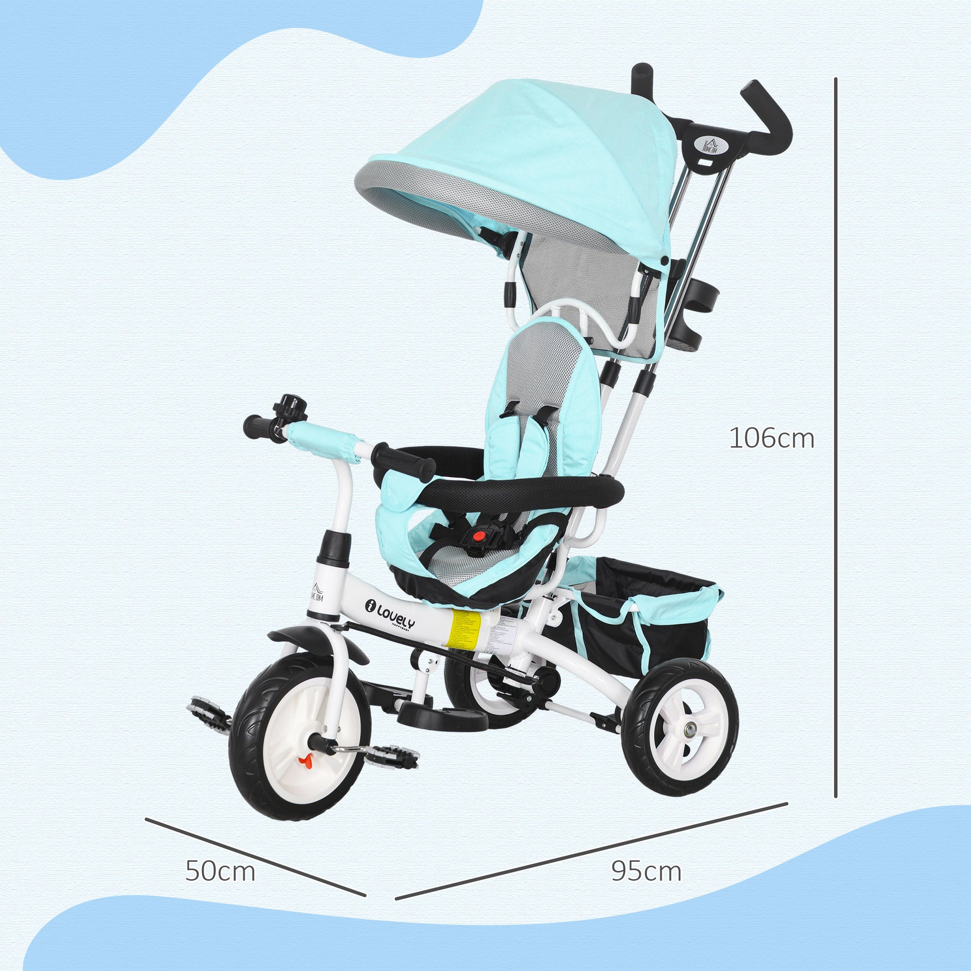 6 in 1 Kids Trike Push Bike w/ Push Handle, Canopy, 5-point Safety Belt, Storage, Footrest, Brake, for 1-5 Years, Green | HOMCOM-1