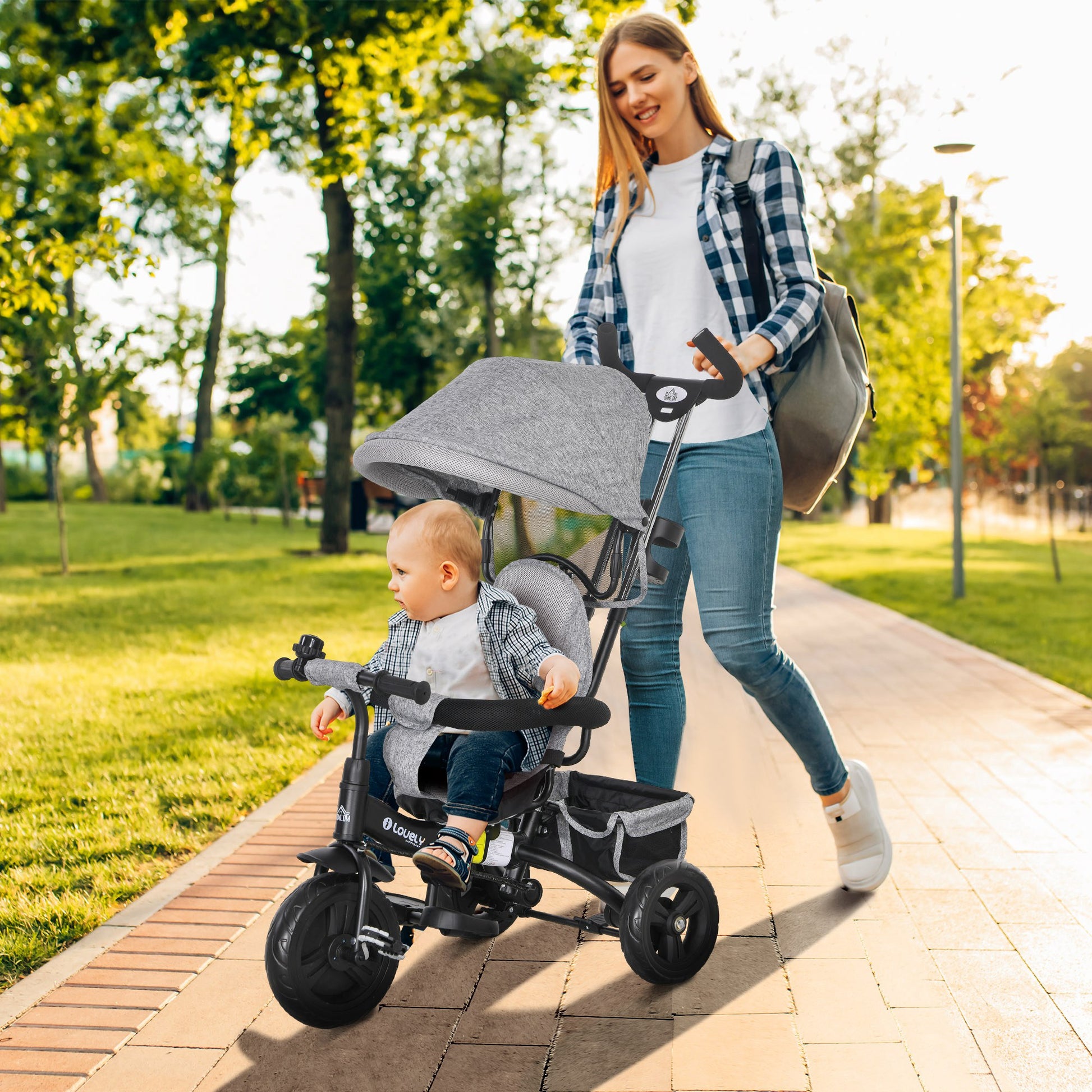 4 in 1 Kids Trike Push Bike with Push Handle, Canopy, 5-point Safety Belt, Storage, Footrest, Brake, for 1-5 Years in Grey | HOMCOM-8