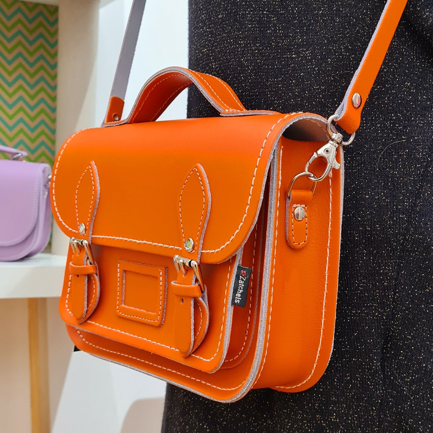 Leather Midi Satchel - Orange-2