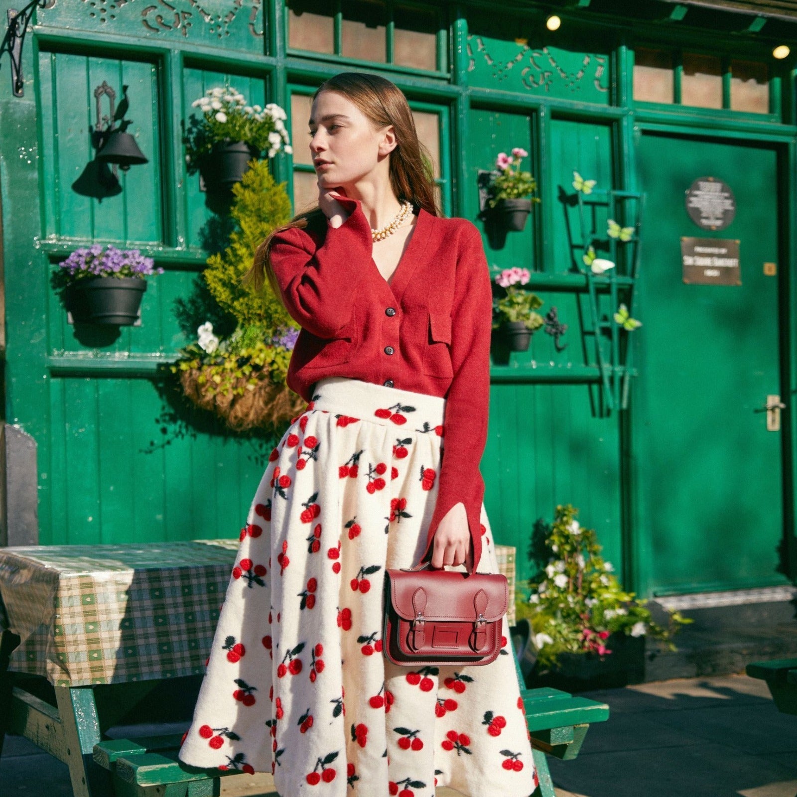 Leather Midi Satchel - Red-3