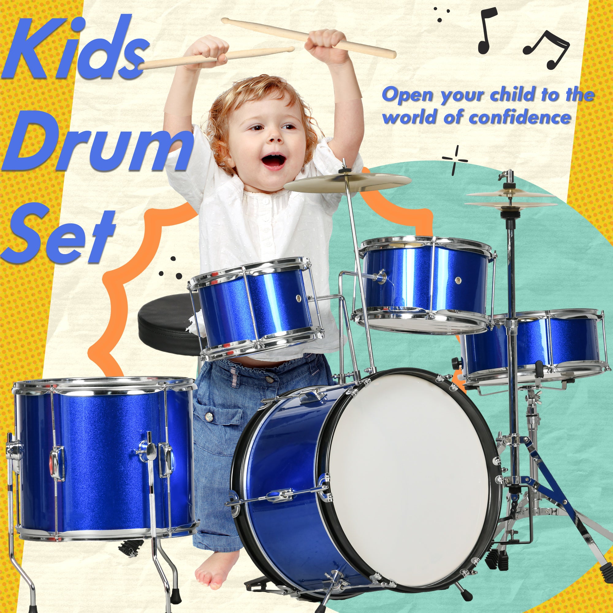AIYAPLAY 11 Piece Kids Drum Kit with Stool, Drumsticks, Pedal, Cymbals, for 3-6 Years, Blue-2