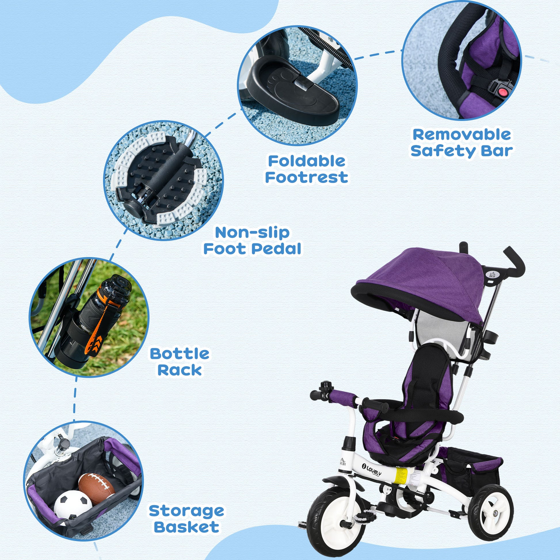 4 in 1 Kids Trike Push Bike w/ Push Handle, Canopy, 5-point Safety Belt, Storage, Footrest, Brake, for 1-5 Years in Purple | HOMCOM-4
