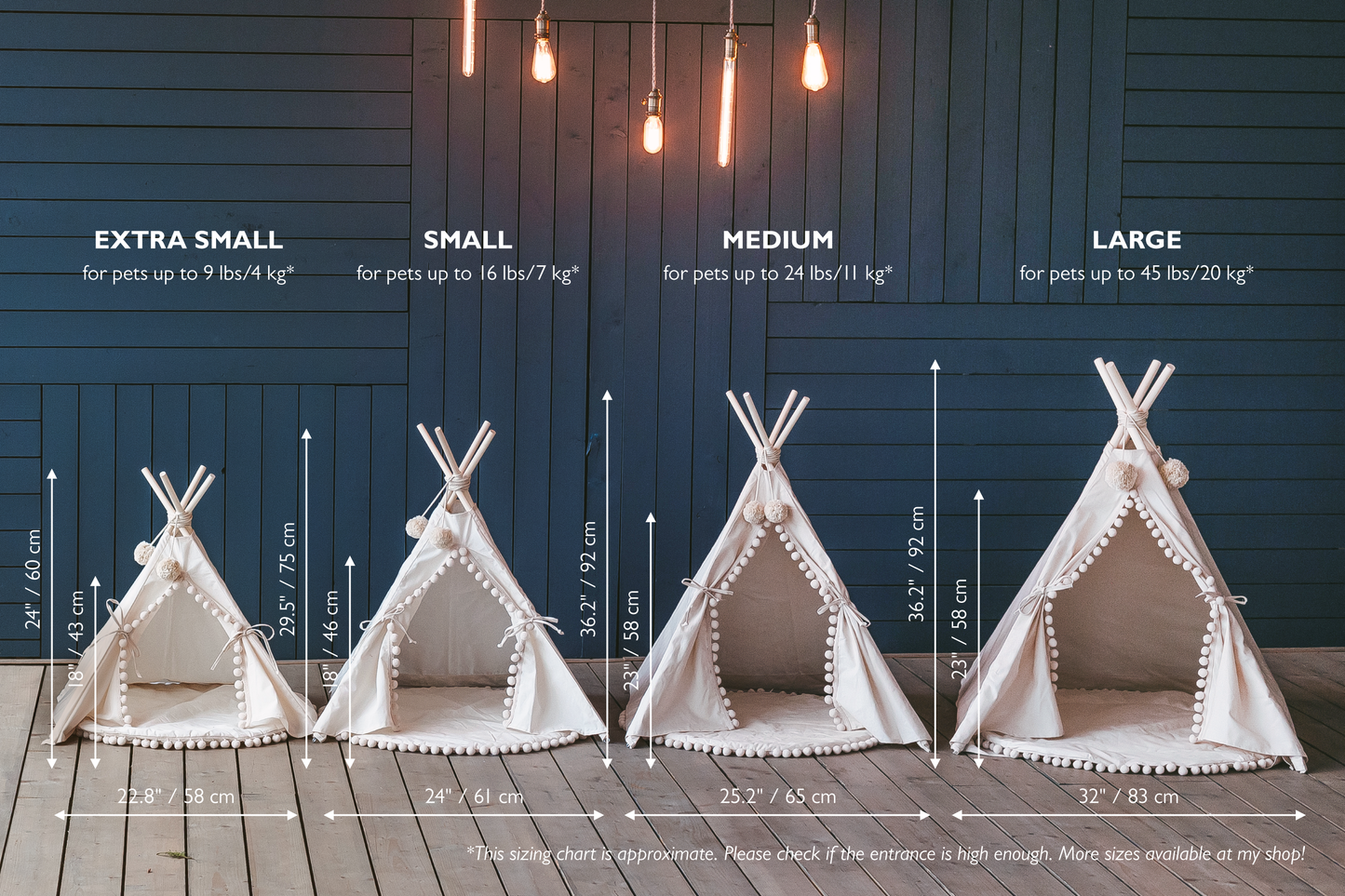 MINICAMP Cat Teepee & Small Dog Tent in Ecru with Pompoms – Size S