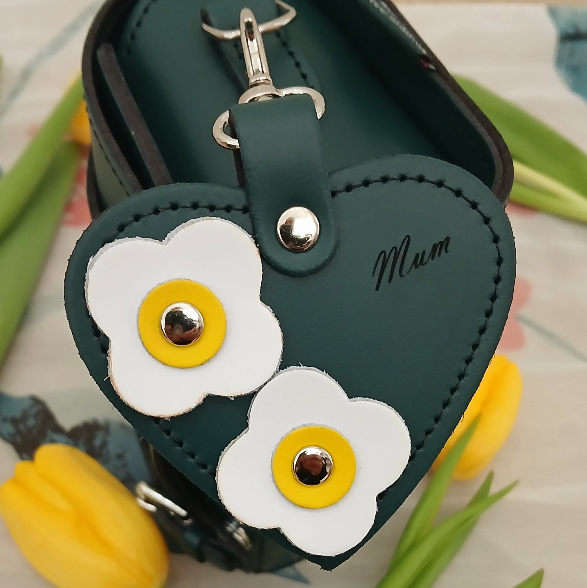 Love heart bag charm - with 'Mum' engraving and flower appliques - Pine-1