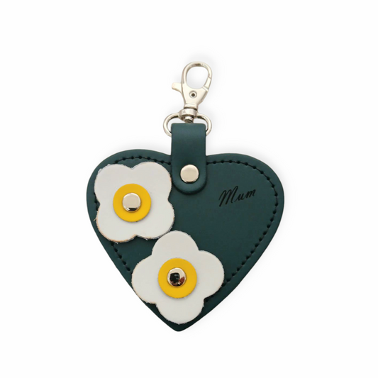 Love heart bag charm - with 'Mum' engraving and flower appliques - Pine-0
