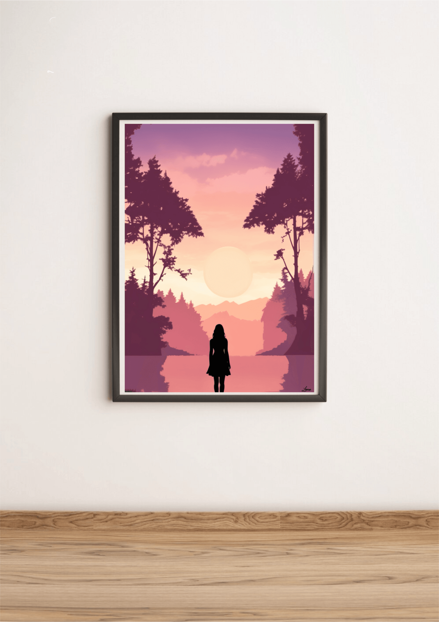 Pink Sunset Silhouette Print | Serene Girl Wall Art - mezetto KEOLIX KEOLIX