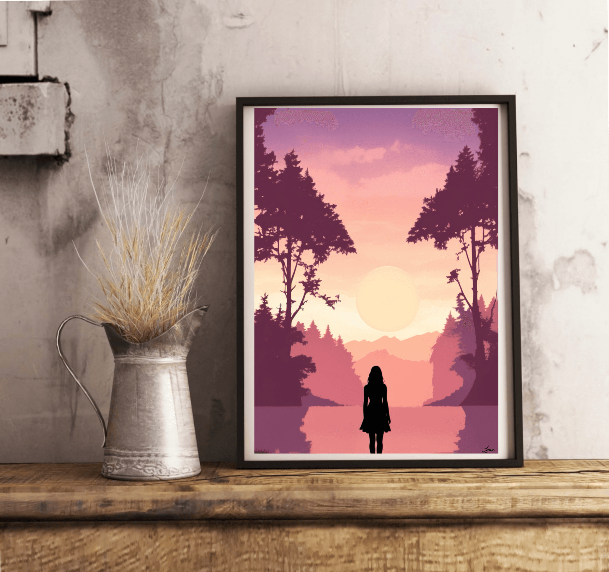 Pink Sunset Silhouette Print | Serene Girl Wall Art - mezetto KEOLIX KEOLIX