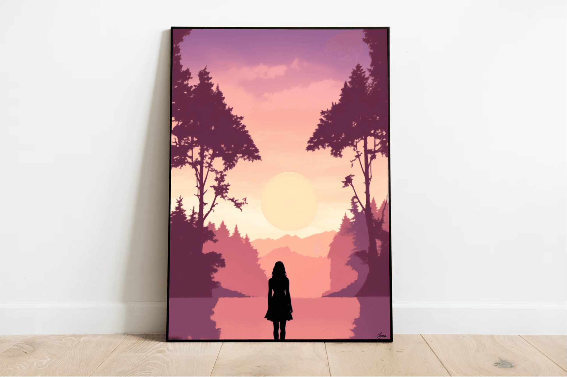 Pink Sunset Silhouette Print | Serene Girl Wall Art - mezetto KEOLIX KEOLIX