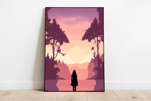 Pink Sunset Silhouette Print | Serene Girl Wall Art - mezetto KEOLIX KEOLIX