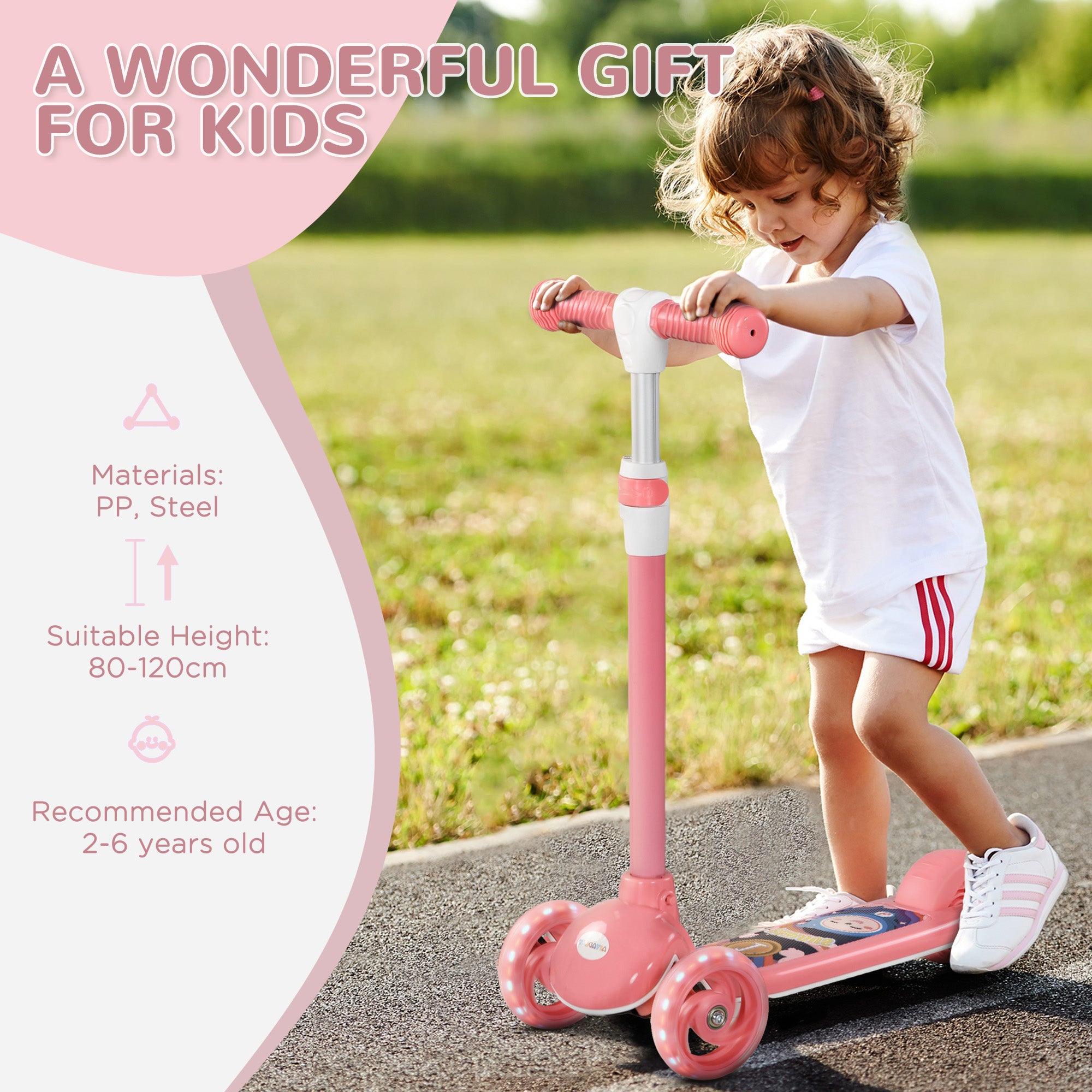 AIYAPLAY Kids 3 Wheel Scooter for 2-6 Years Old with Adjustable Height, LED Light, TPE Handlebar in Pink-5