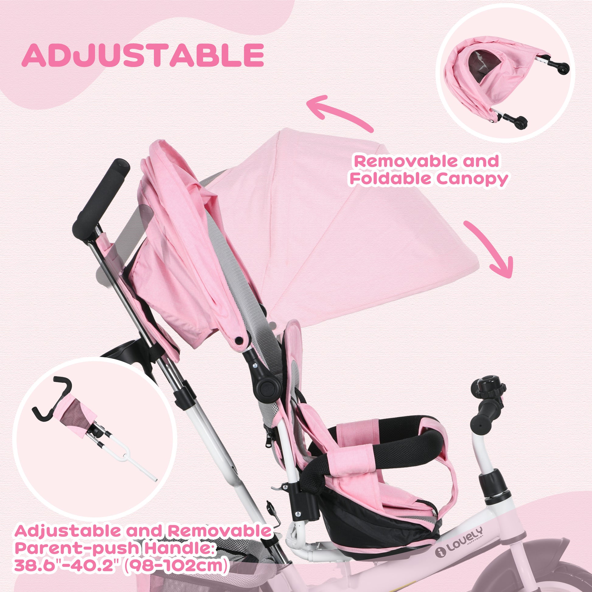4 in 1 Kids Trike Push Bike w/ Push Handle, Canopy, 5-point Safety Belt, Storage, Footrest, Brake, for 1-5 Years, Pink | HOMCOM-3