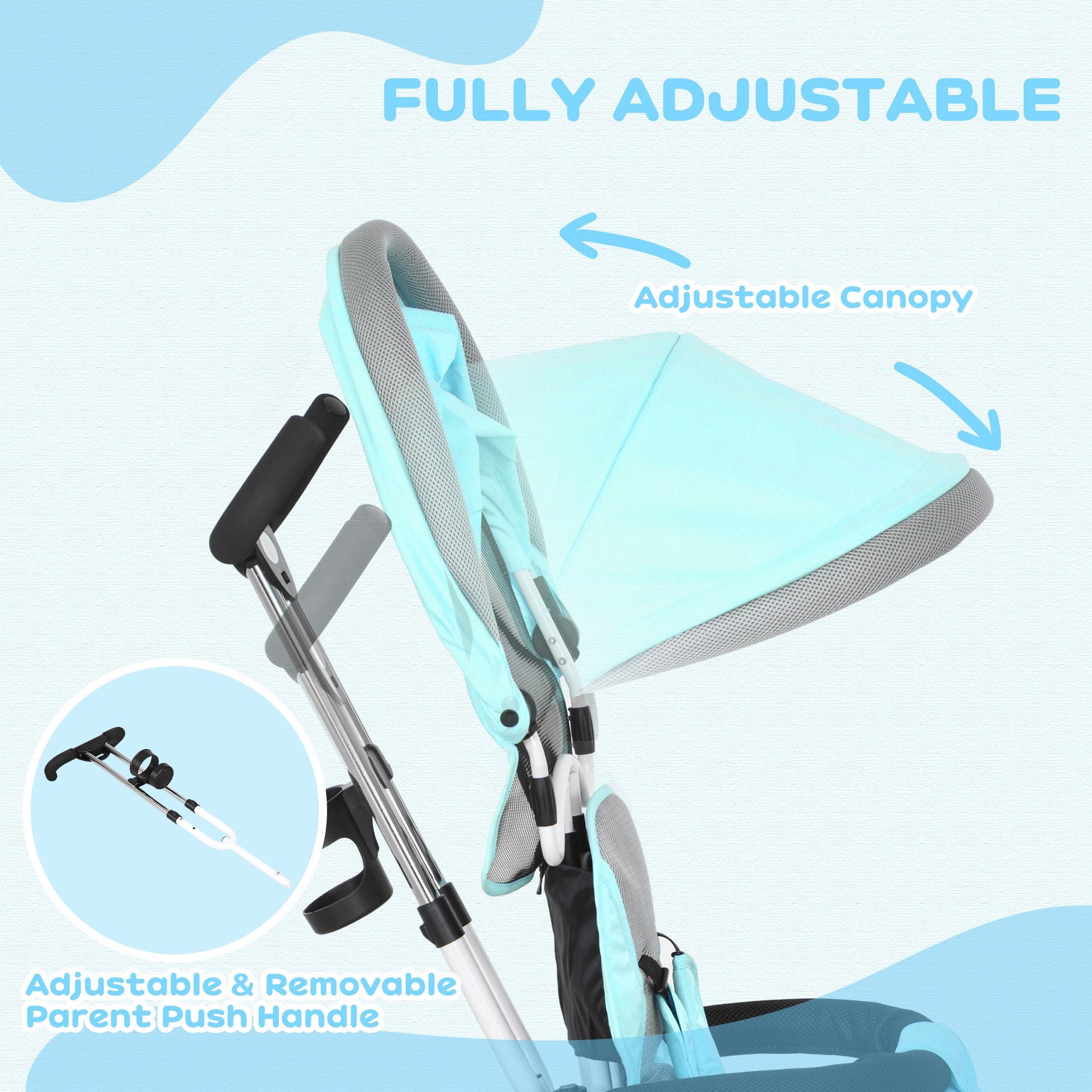 6 in 1 Kids Trike Push Bike w/ Push Handle, Canopy, 5-point Safety Belt, Storage, Footrest, Brake, for 1-5 Years, Green | HOMCOM-3