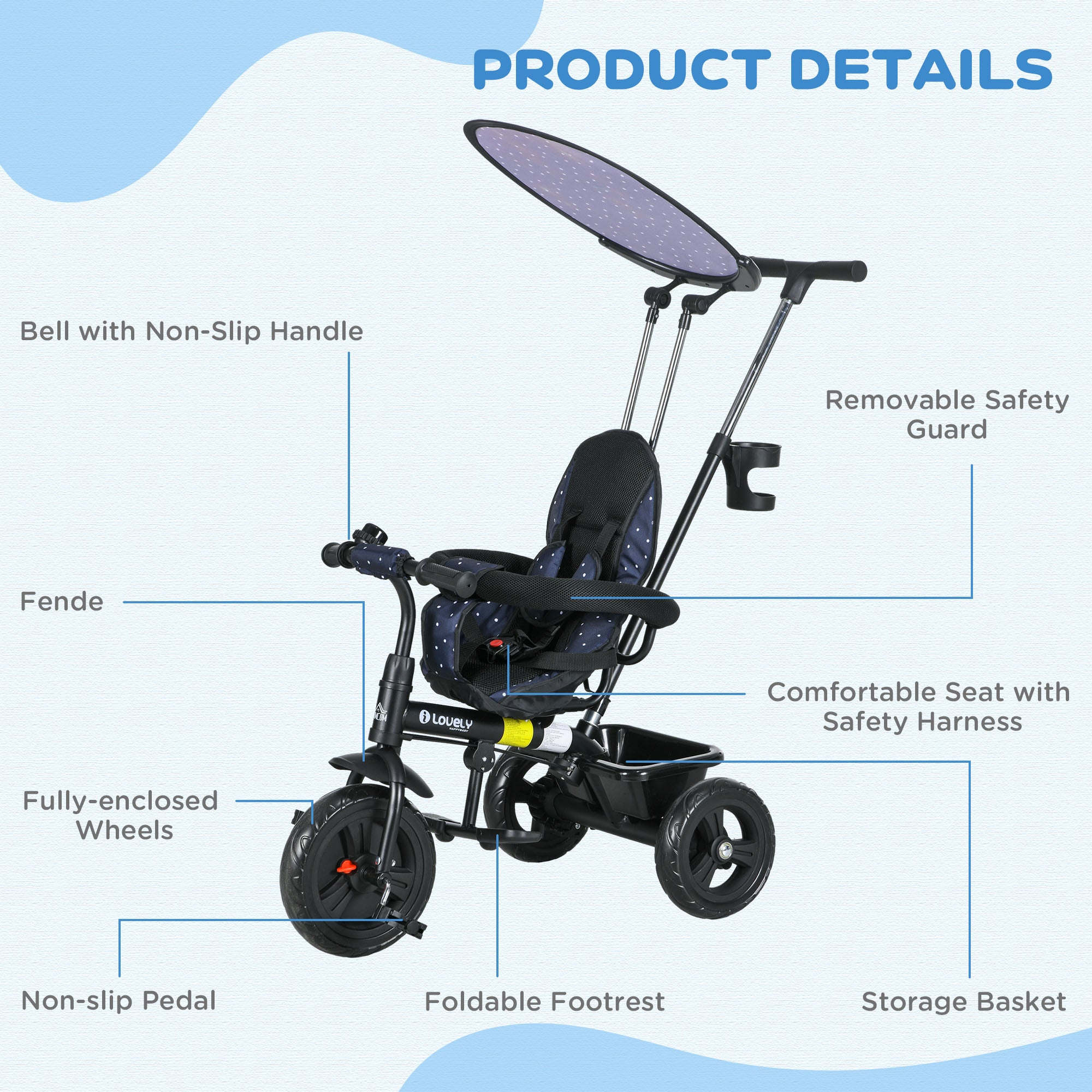 HOMCOM 6 in 1 Tricycle for Kids with 5-point harness straps, Removable Canopy, Dark Blue-5