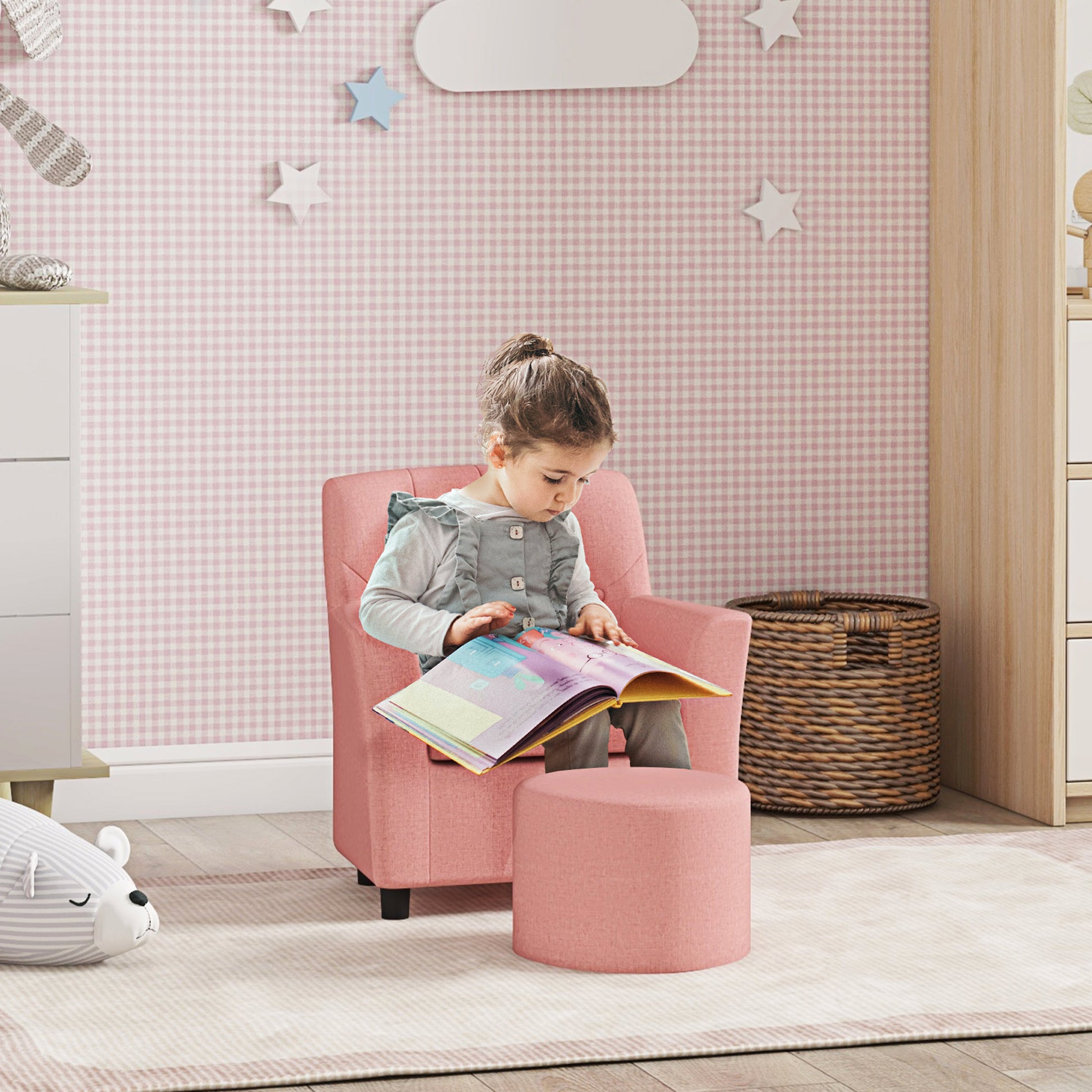 AIYAPLAY 2PCs Kids Sofa Set with Footrest, for Playroom, Bedroom in Pink-8