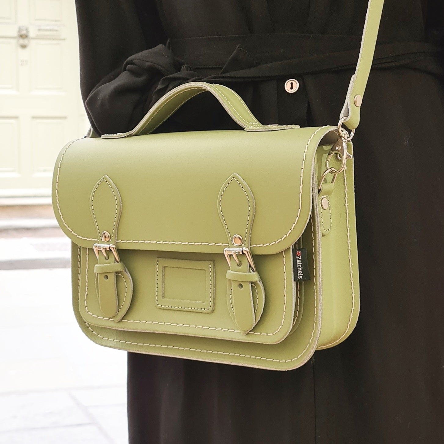 Leather Midi Satchel -  Sage Green-3