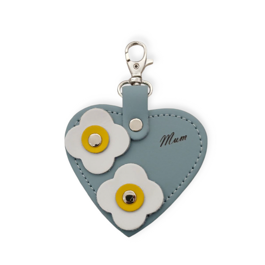 Love heart bag charm - with 'Mum' engraving and flower appliques - Sea Green-0