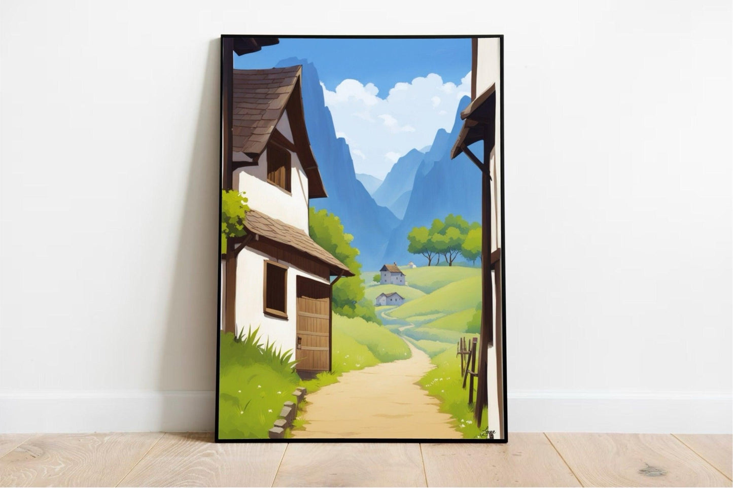 Serene Retreat Village Print – Peaceful Mountain Art - mezetto KEOLIX KEOLIX