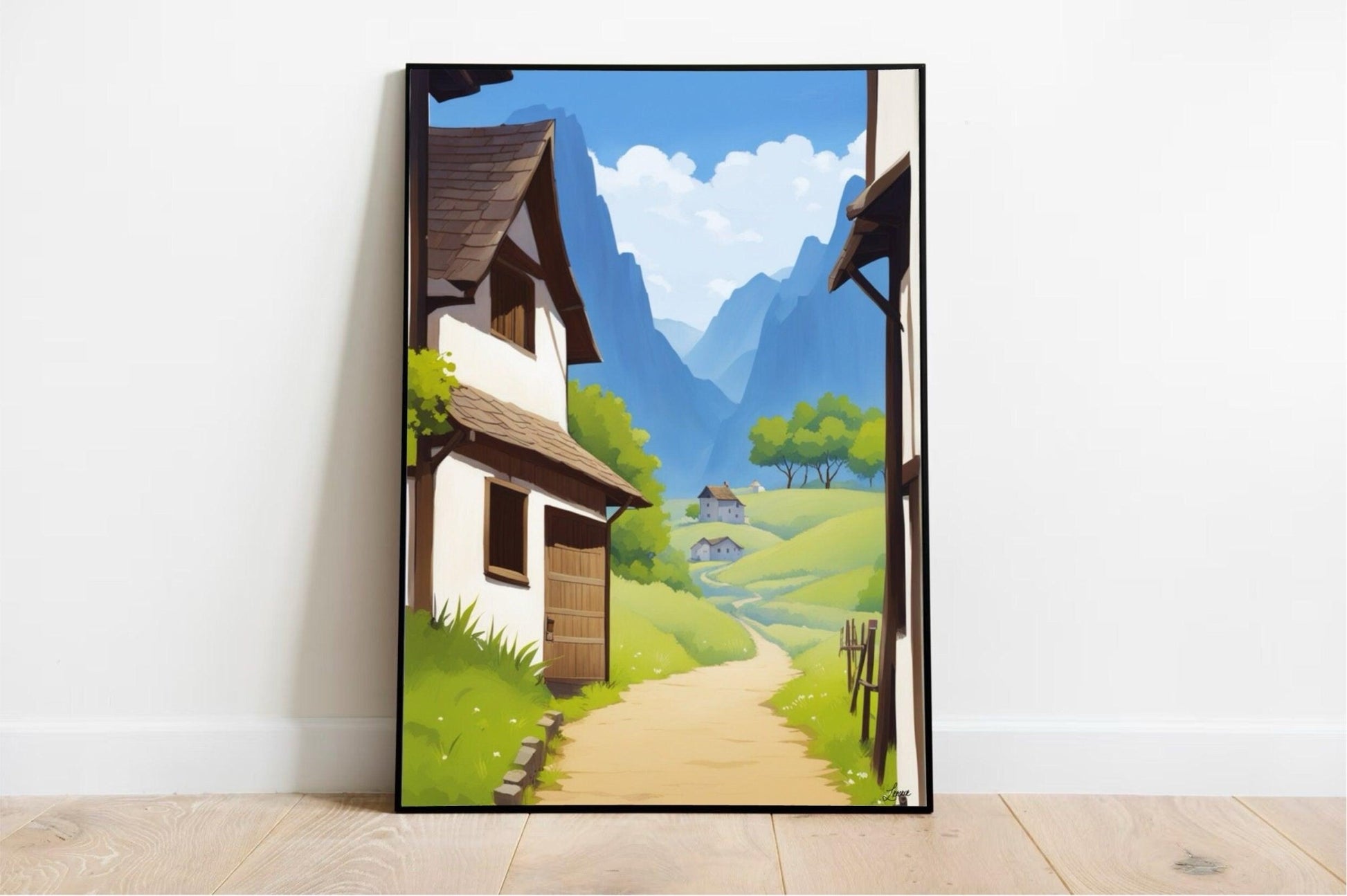 Serene Retreat Village Print – Peaceful Mountain Art - mezetto KEOLIX KEOLIX