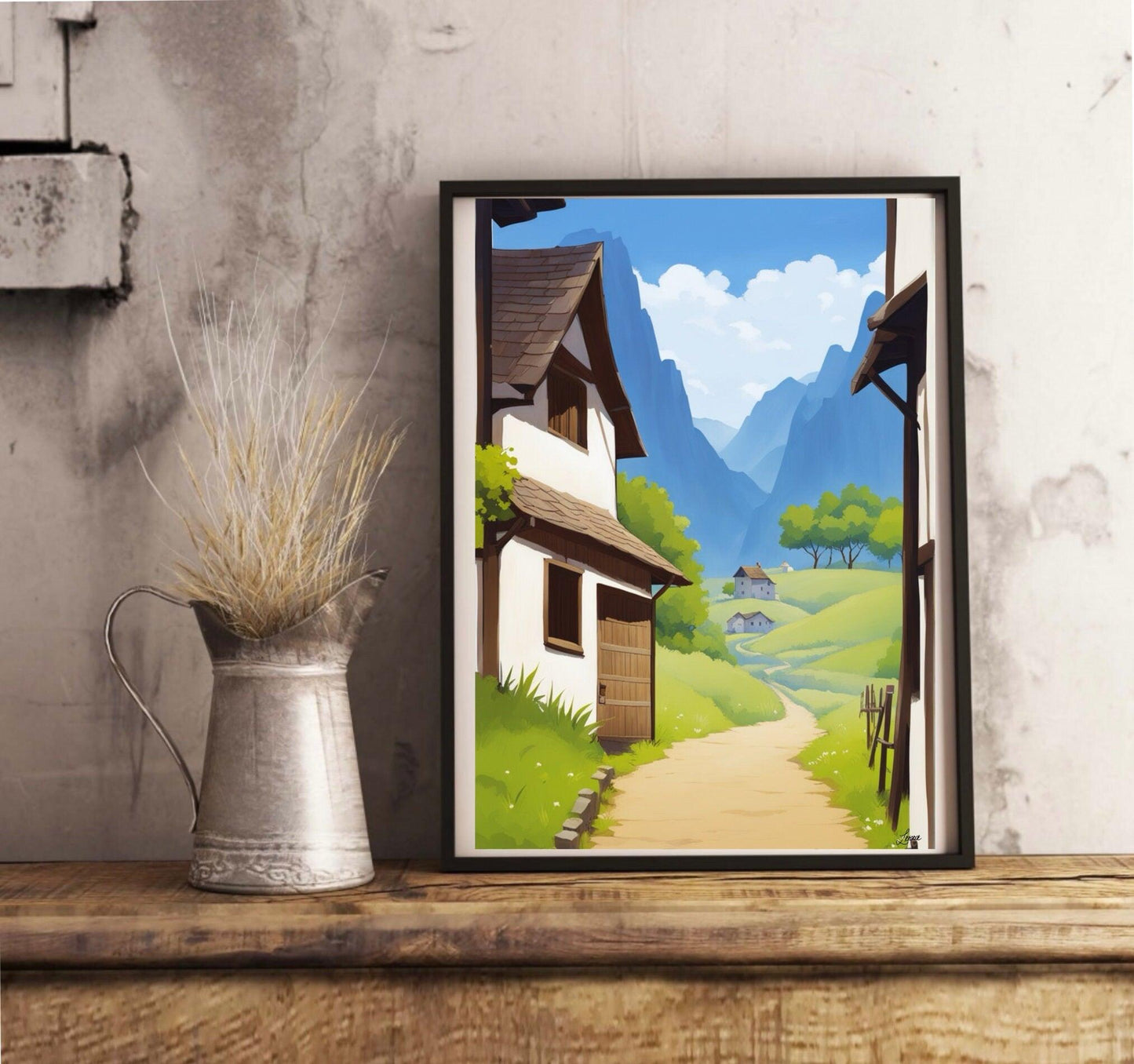 Serene Retreat Village Print – Peaceful Mountain Art - mezetto KEOLIX KEOLIX
