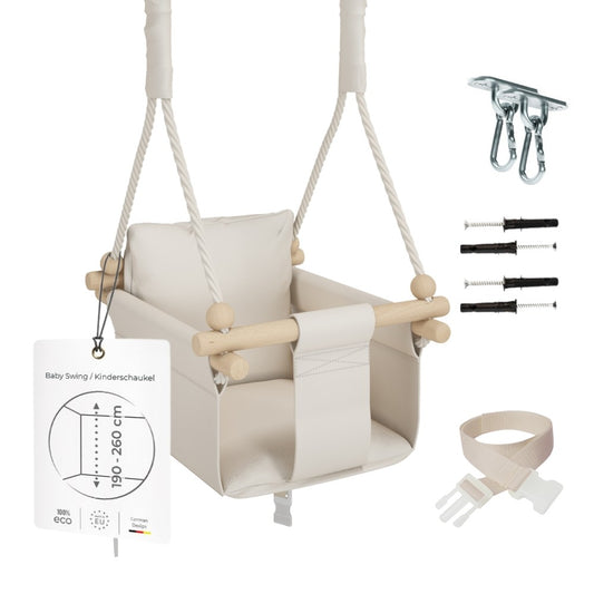 MAMOI® Wooden baby swing seat for toddlers Beige, Indoor toddler swings chair from birth, Kids baby bouncer for garden, Child rocker swing set from 8 months-0