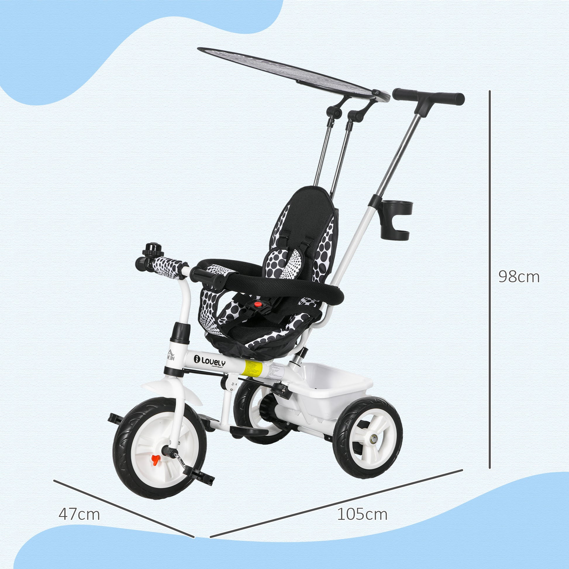 4 in 1 Tricycle for Kids with 5-point harness straps, Removable Canopy in White by HOMCOM-1