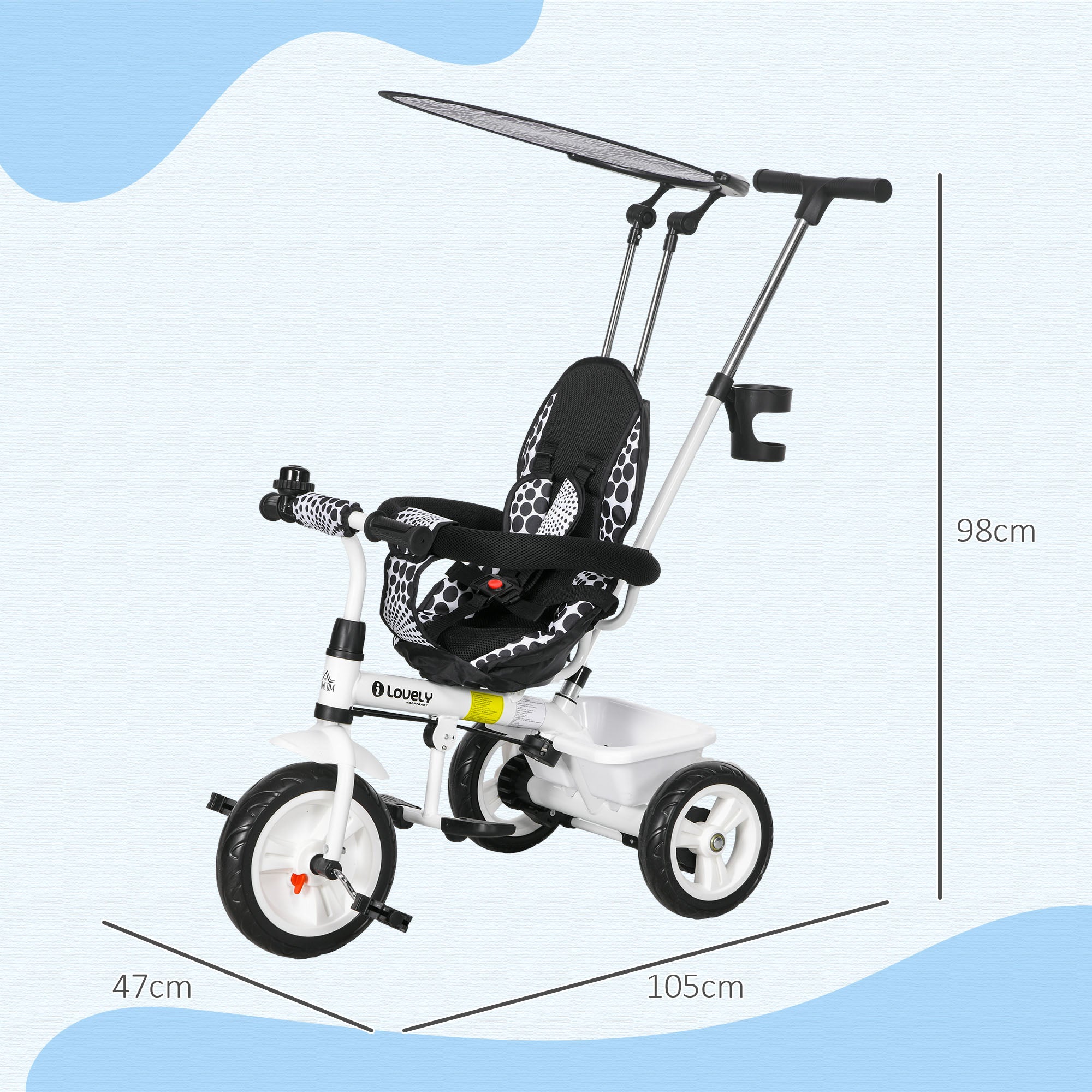 4 in 1 Tricycle for Kids with 5-point harness straps, Removable Canopy in White by HOMCOM-1