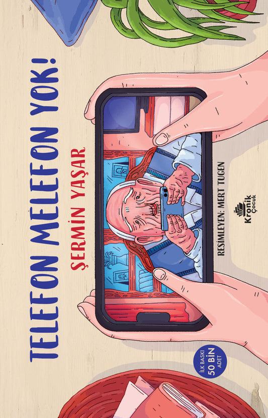 Telefon Melefon Yok kitap kapağı, Şermin Yaşar’ın telefon bağımlılığını mizahla anlatan çocuk hikayesini Mert Tugen’in çizimleriyle sunar.
