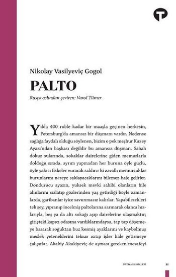 Palto – Nikolay Vasilyeviç Gogol – Turkuvaz Kitap – kitap kapağı