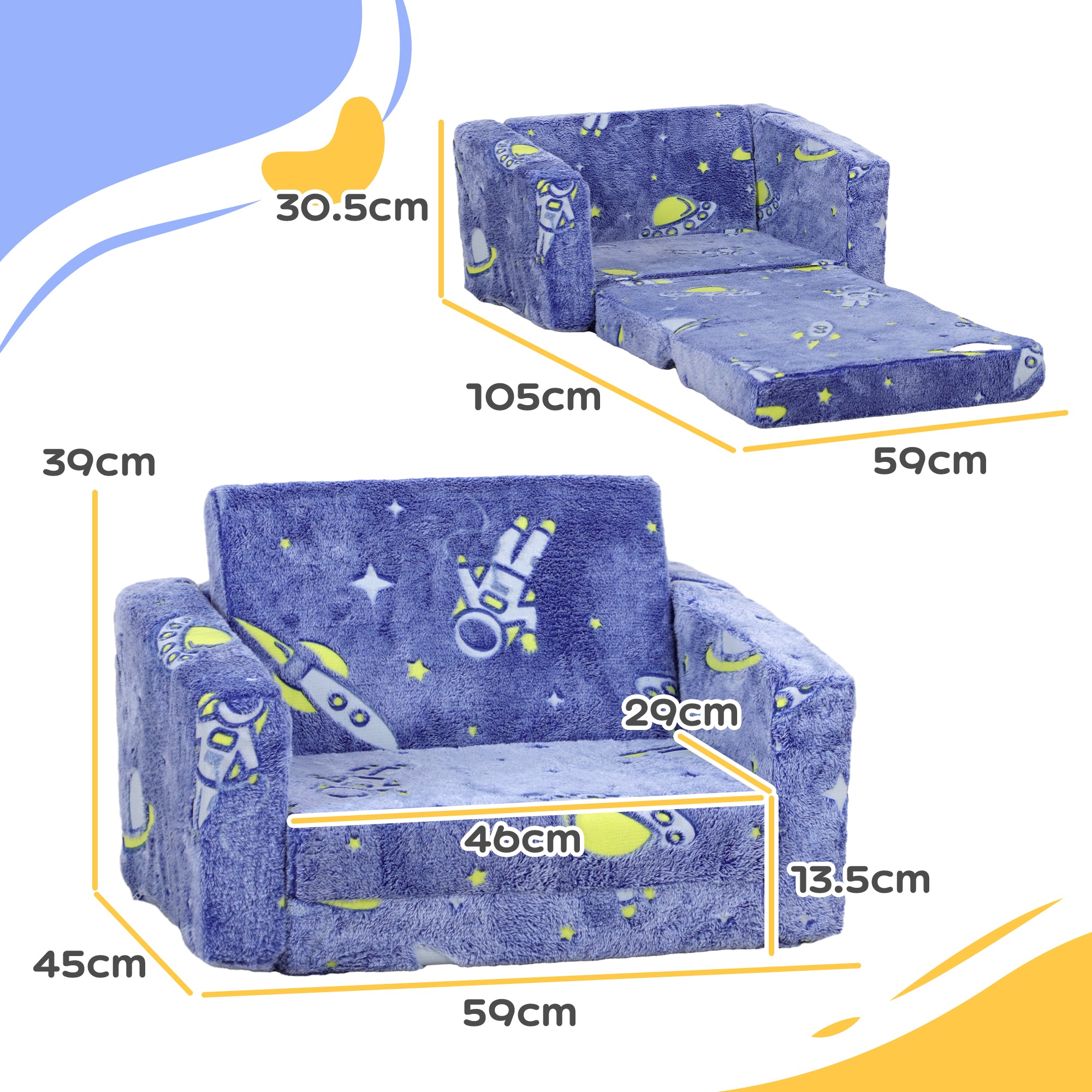 Childrens Sofa Beds 2 in 1 Kids Foldable Chair Bed with Glow in The Dark Cosmic Design, Washable Cushion and Cover, Blue | AIYAPLAY-1